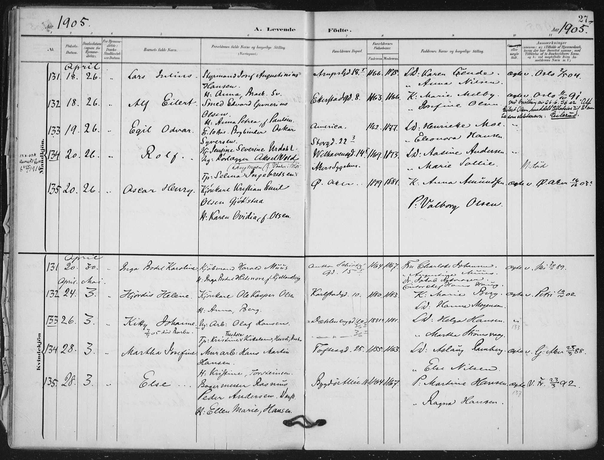 Rikshospitalet prestekontor Kirkebøker, SAO/A-10309b/F/L0013: Parish register (official) no. 13, 1905-1908, p. 27