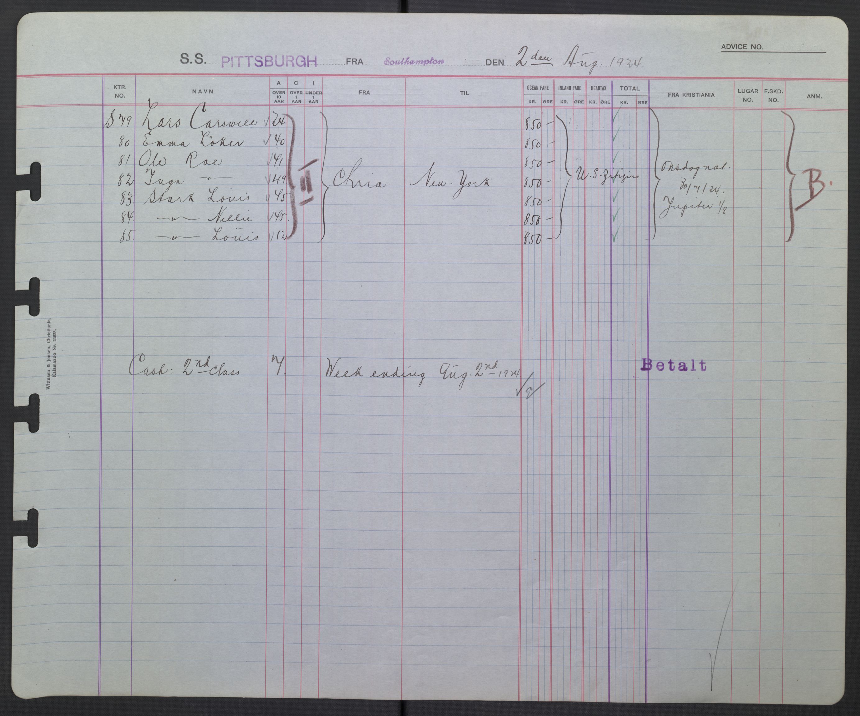 White Star-linjen, AV/SAO-PAO-0201/D/Db/L0002: Passasjerlister, 1924-1927, p. 42