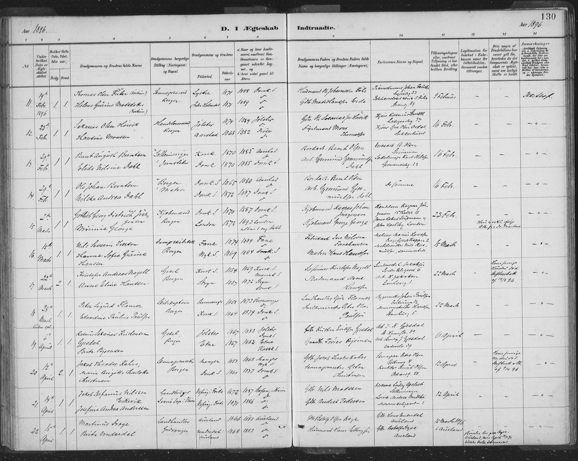 Domkirken sokneprestembete, AV/SAB-A-74801/H/Hab/L0032: Parish register (copy) no. D 4, 1880-1907, p. 130