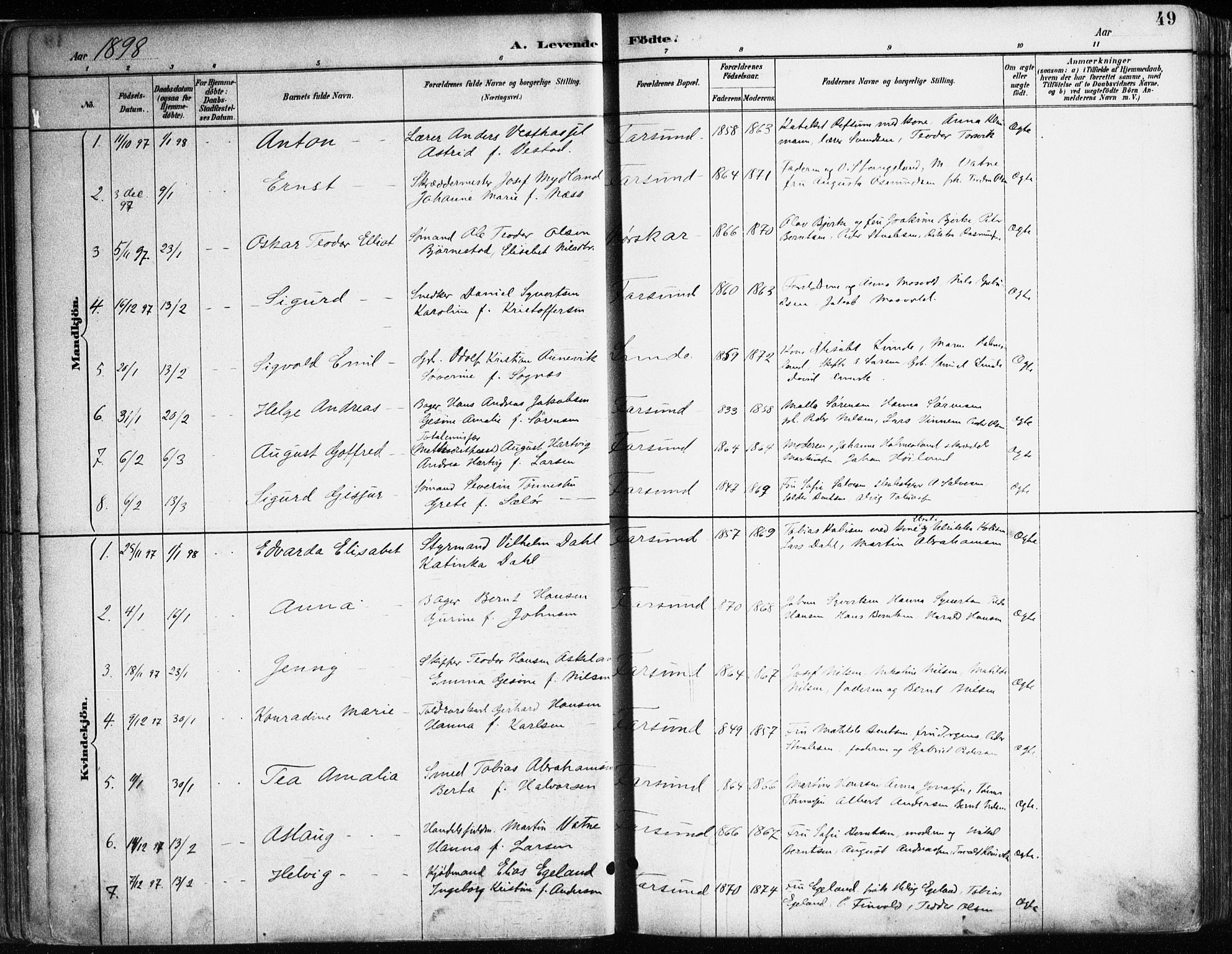 Farsund sokneprestkontor, AV/SAK-1111-0009/F/Fa/L0006: Parish register (official) no. A 6, 1887-1920, p. 49