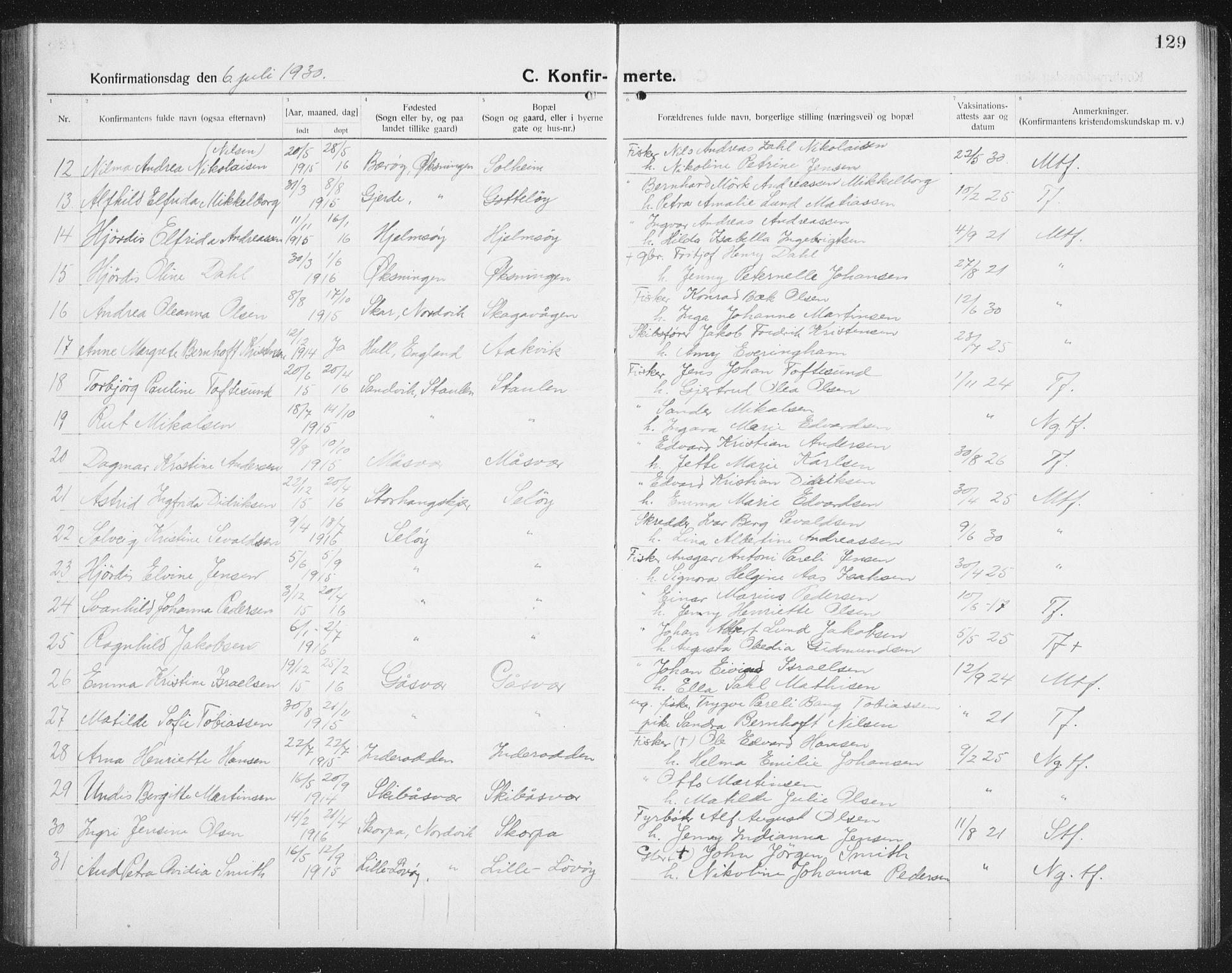 Ministerialprotokoller, klokkerbøker og fødselsregistre - Nordland, SAT/A-1459/834/L0517: Parish register (copy) no. 834C07, 1919-1939, p. 129