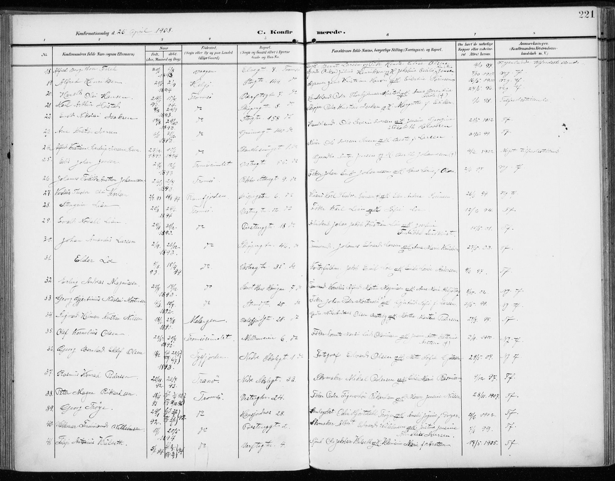 Tromsø sokneprestkontor/stiftsprosti/domprosti, SATØ/S-1343/G/Ga/L0017kirke: Parish register (official) no. 17, 1907-1917, p. 221