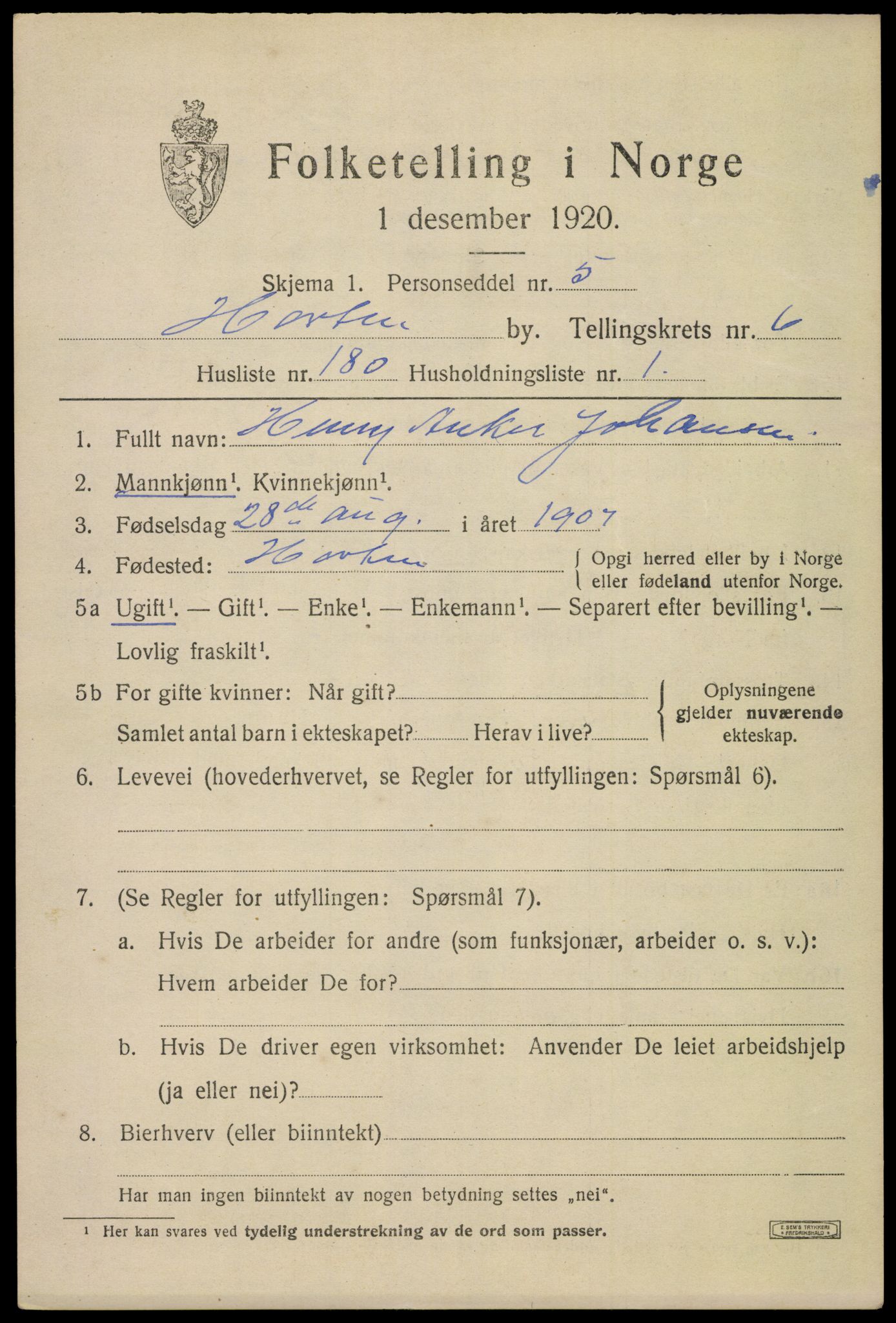 SAKO, 1920 census for Horten, 1920, p. 25433