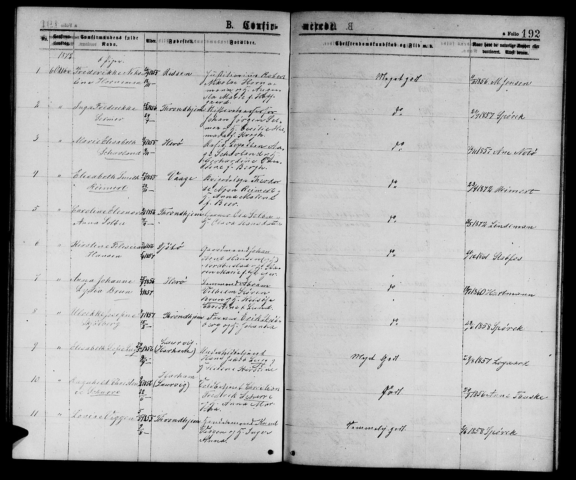 Ministerialprotokoller, klokkerbøker og fødselsregistre - Sør-Trøndelag, AV/SAT-A-1456/601/L0088: Parish register (copy) no. 601C06, 1870-1878, p. 192