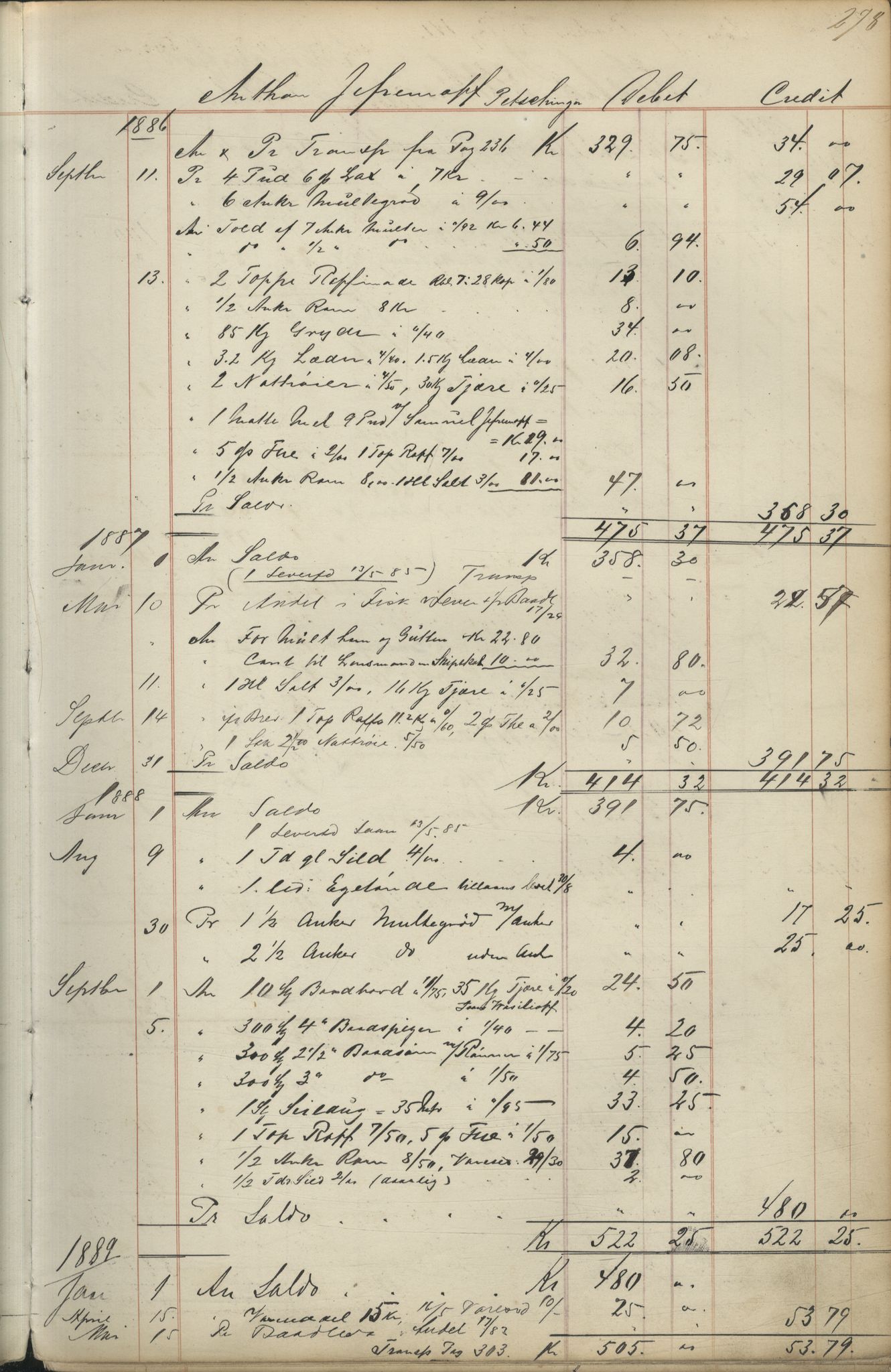Brodtkorb handel A/S, VAMU/A-0001/F/Fc/L0001/0001: Konto for kvener og nordmenn på Kolahalvøya  / Conto for Kvæner og Nordmænd paa Russefinmarken No 1, 1868-1894, p. 278