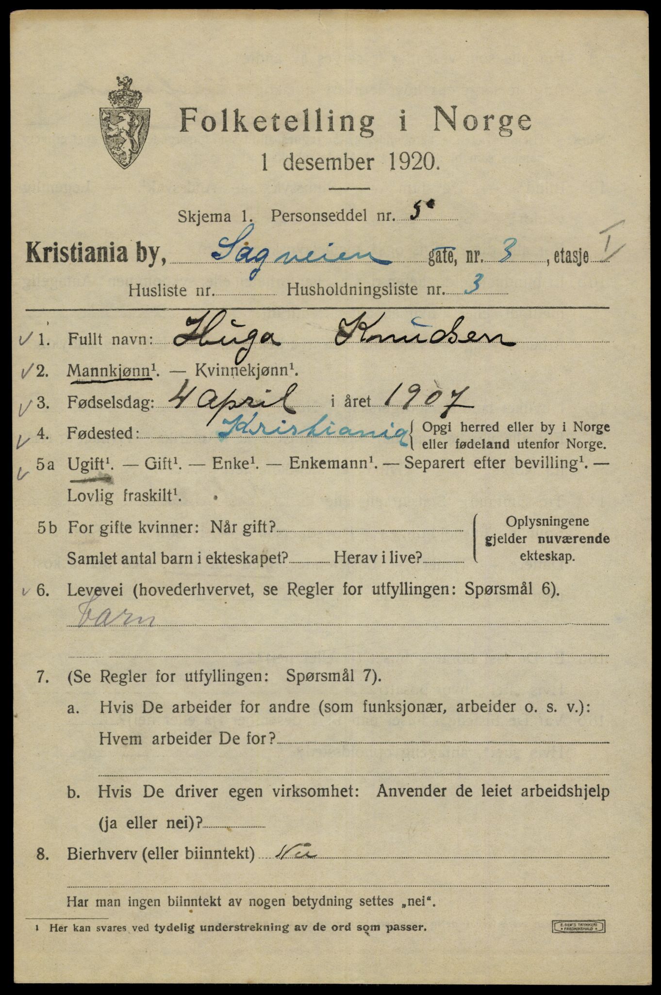 SAO, 1920 census for Kristiania, 1920, p. 476903