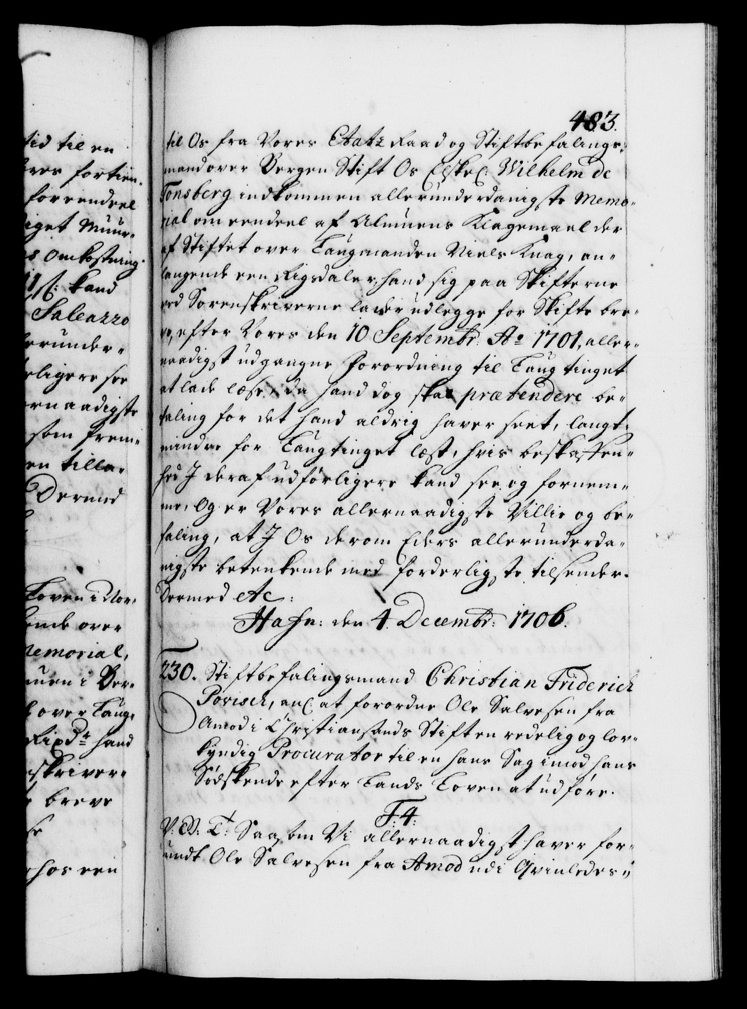 Danske Kanselli 1572-1799, AV/RA-EA-3023/F/Fc/Fca/Fcab/L0017: Norske tegnelser, 1704-1706, p. 483a