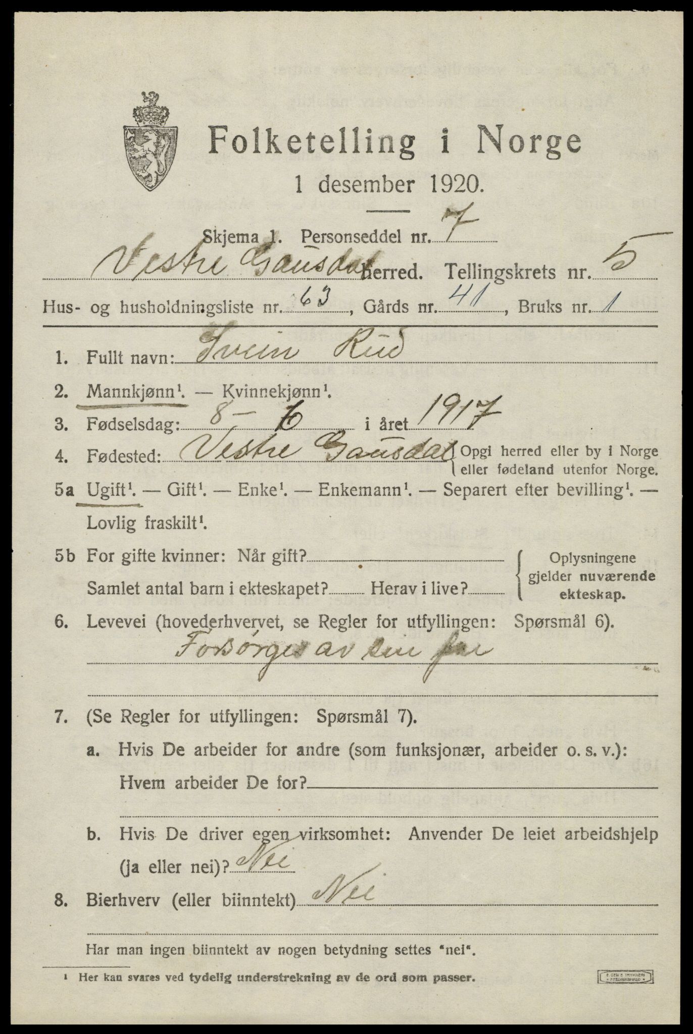 SAH, 1920 census for Vestre Gausdal, 1920, p. 4381