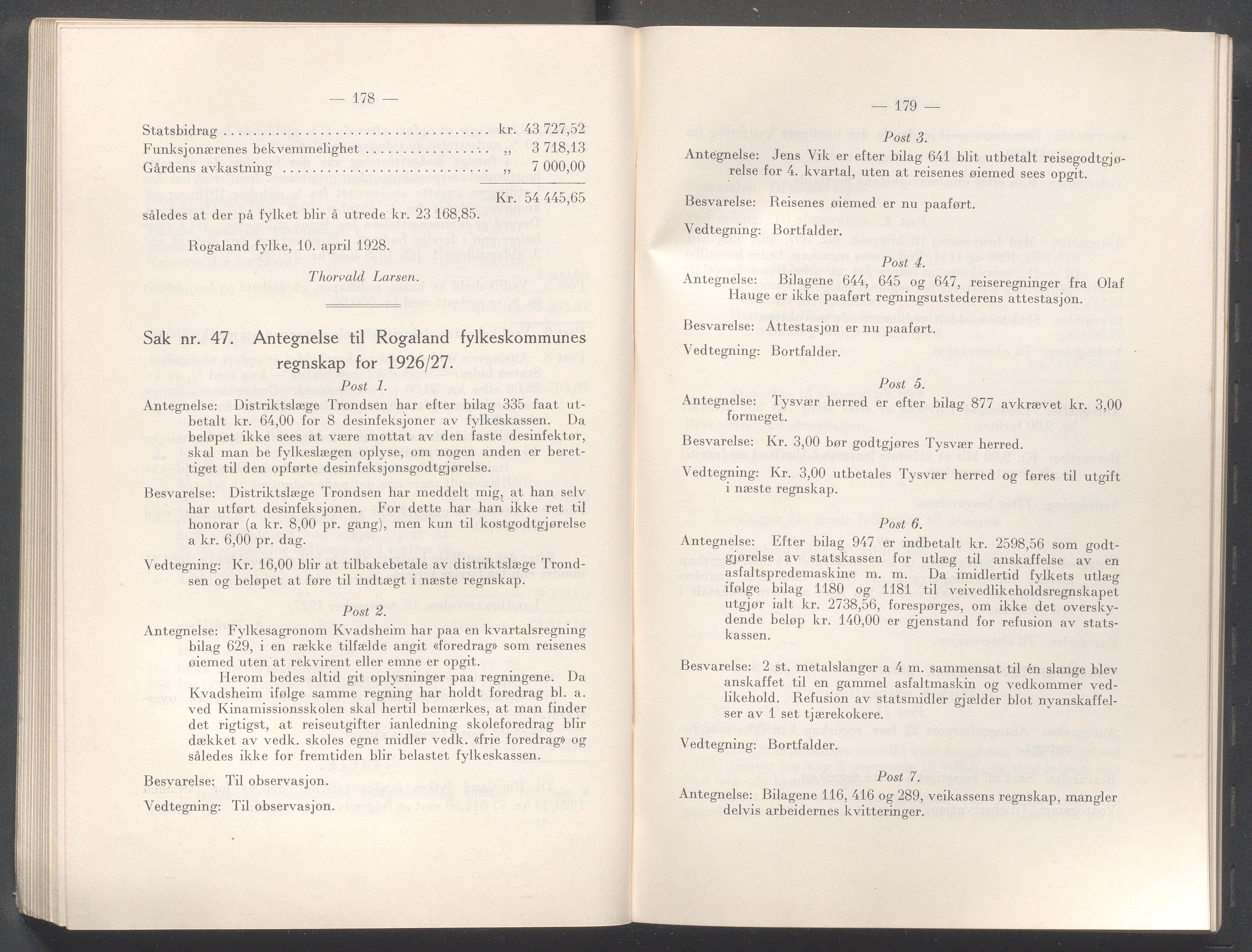 Rogaland fylkeskommune - Fylkesrådmannen , IKAR/A-900/A/Aa/Aaa/L0047: Møtebok , 1928, p. 178-179