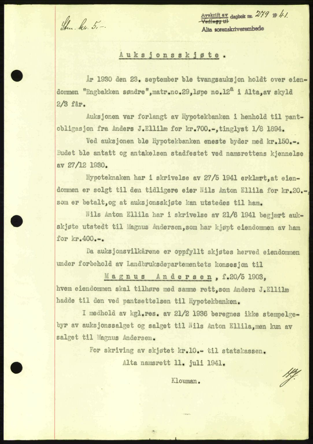 Alta fogderi/sorenskriveri, SATØ/SATØ-5/1/K/Kd/L0033pantebok: Mortgage book no. 33, 1940-1943, Diary no: : 279/1941