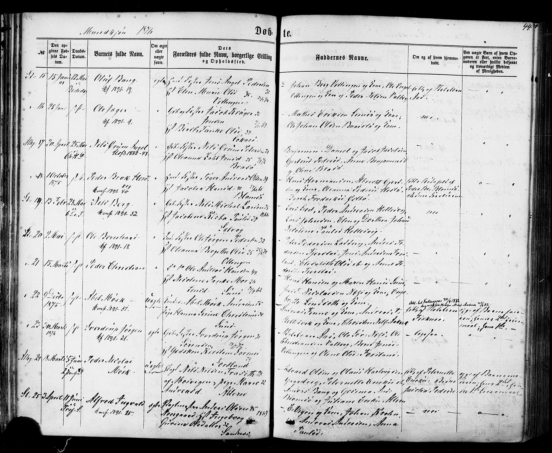 Ministerialprotokoller, klokkerbøker og fødselsregistre - Nordland, AV/SAT-A-1459/830/L0449: Parish register (official) no. 830A13, 1866-1886, p. 44