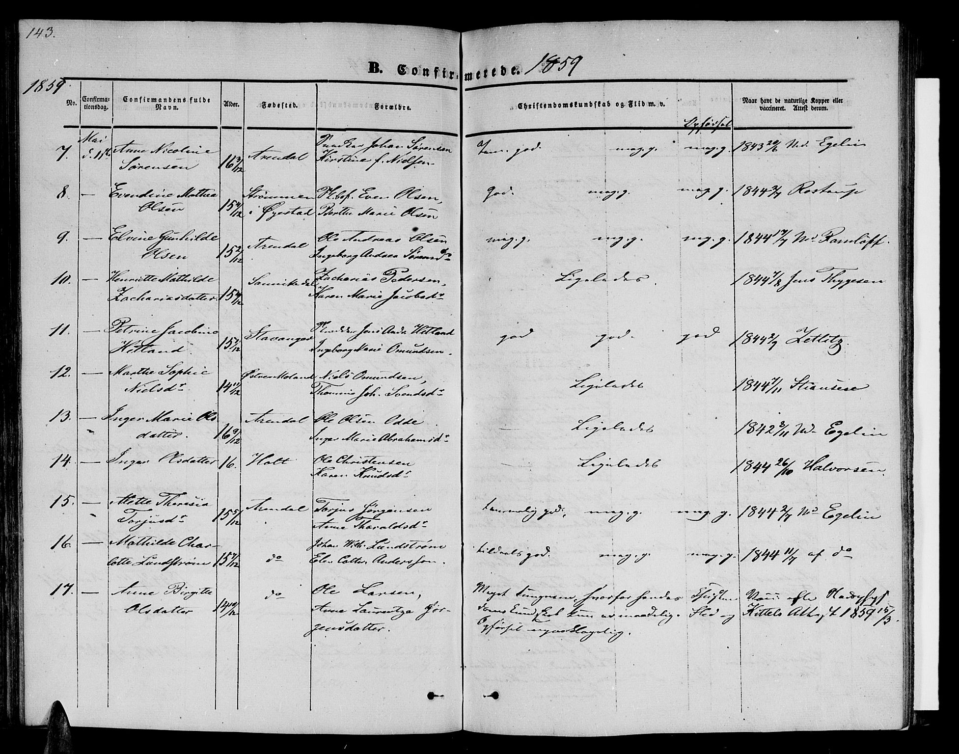 Arendal sokneprestkontor, Trefoldighet, AV/SAK-1111-0040/F/Fb/L0002: Parish register (copy) no. B 2, 1838-1860, p. 143