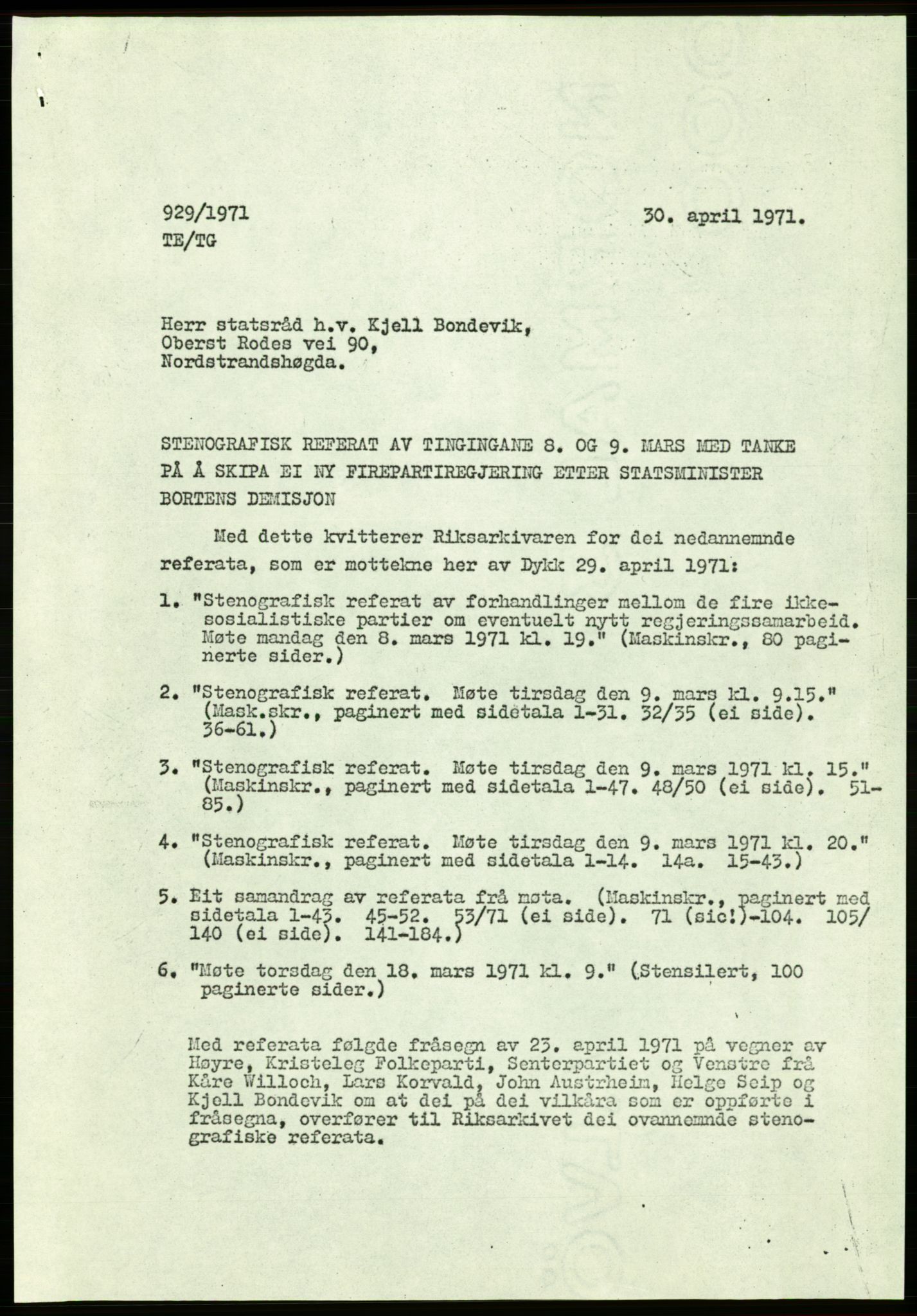 Forhandlingsmøtene mars 1971 mellom Høyre, Kristelig Folkeparti, Senterpartiet og Venstre om dannelse av regjering, AV/RA-PA-0416/A/L0001: --, 1971, p. 5