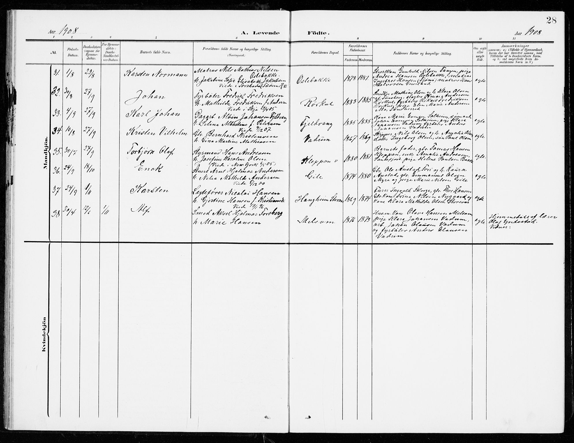 Stokke kirkebøker, SAKO/A-320/G/Ga/L0001: Parish register (copy) no. I 1, 1904-1940, p. 28