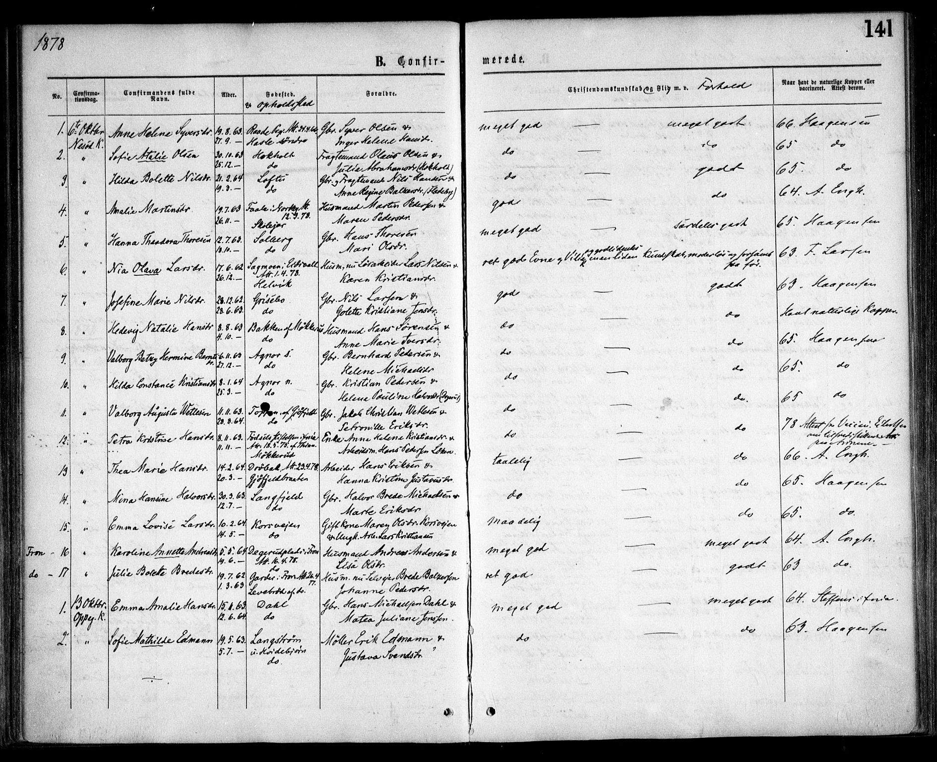 Nesodden prestekontor Kirkebøker, AV/SAO-A-10013/F/Fa/L0008: Parish register (official) no. I 8, 1869-1879, p. 141