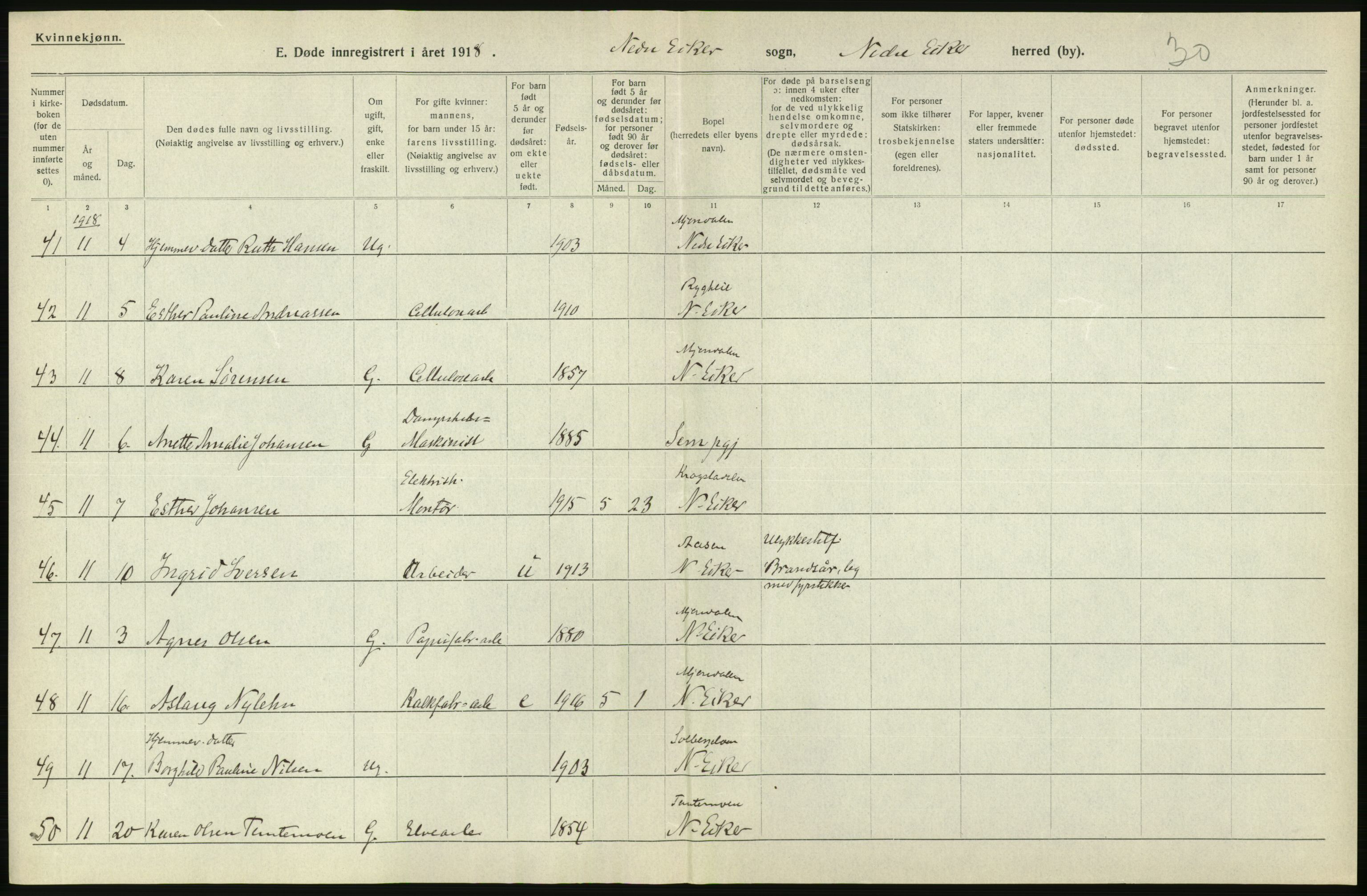 Statistisk sentralbyrå, Sosiodemografiske emner, Befolkning, AV/RA-S-2228/D/Df/Dfb/Dfbh/L0020: Buskerud fylke: Døde. Bygder og byer., 1918, p. 348