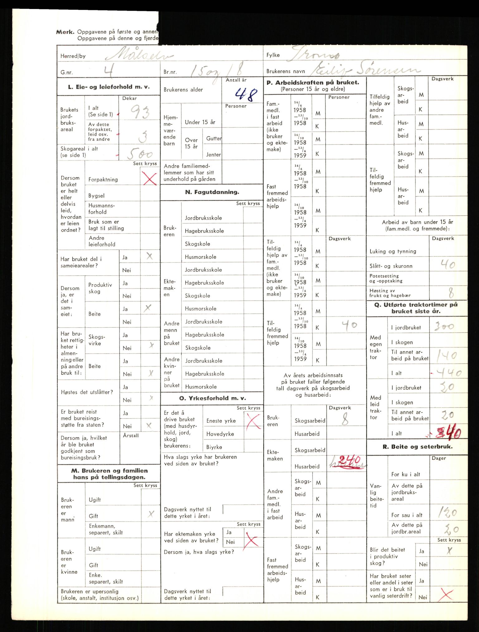 Statistisk sentralbyrå, Næringsøkonomiske emner, Jordbruk, skogbruk, jakt, fiske og fangst, AV/RA-S-2234/G/Gd/L0655: Troms: 1924 Målselv (kl. 4-10), 1959, p. 2182