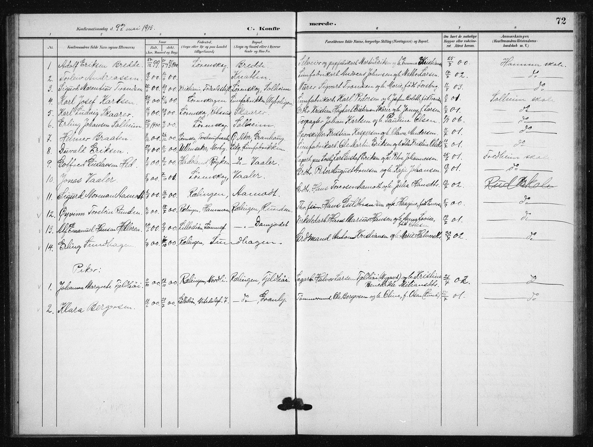 Skedsmo prestekontor Kirkebøker, AV/SAO-A-10033a/G/Gb/L0002: Parish register (copy) no. II 2, 1903-1931, p. 72