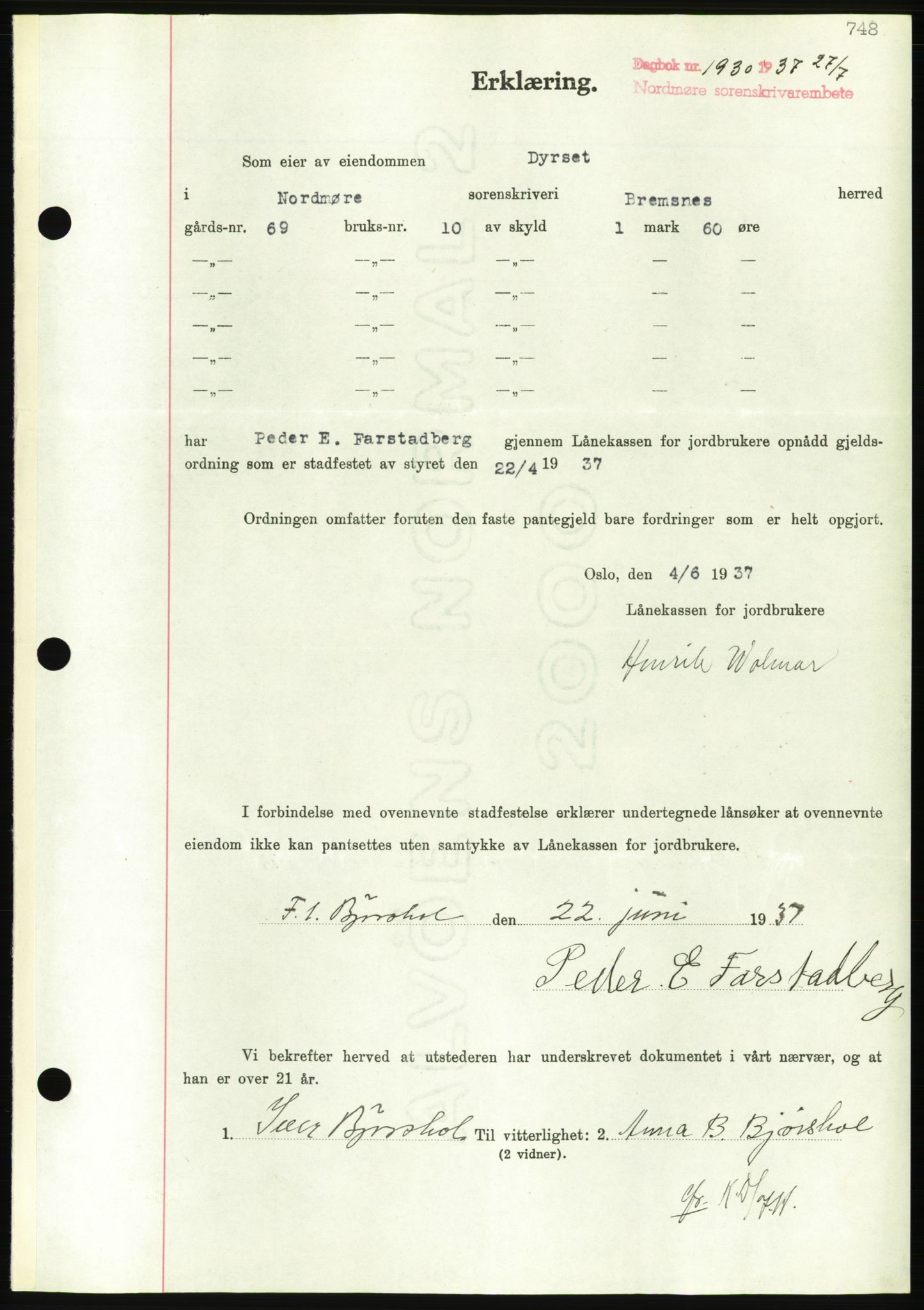 Nordmøre sorenskriveri, AV/SAT-A-4132/1/2/2Ca/L0091: Mortgage book no. B81, 1937-1937, Diary no: : 1930/1937