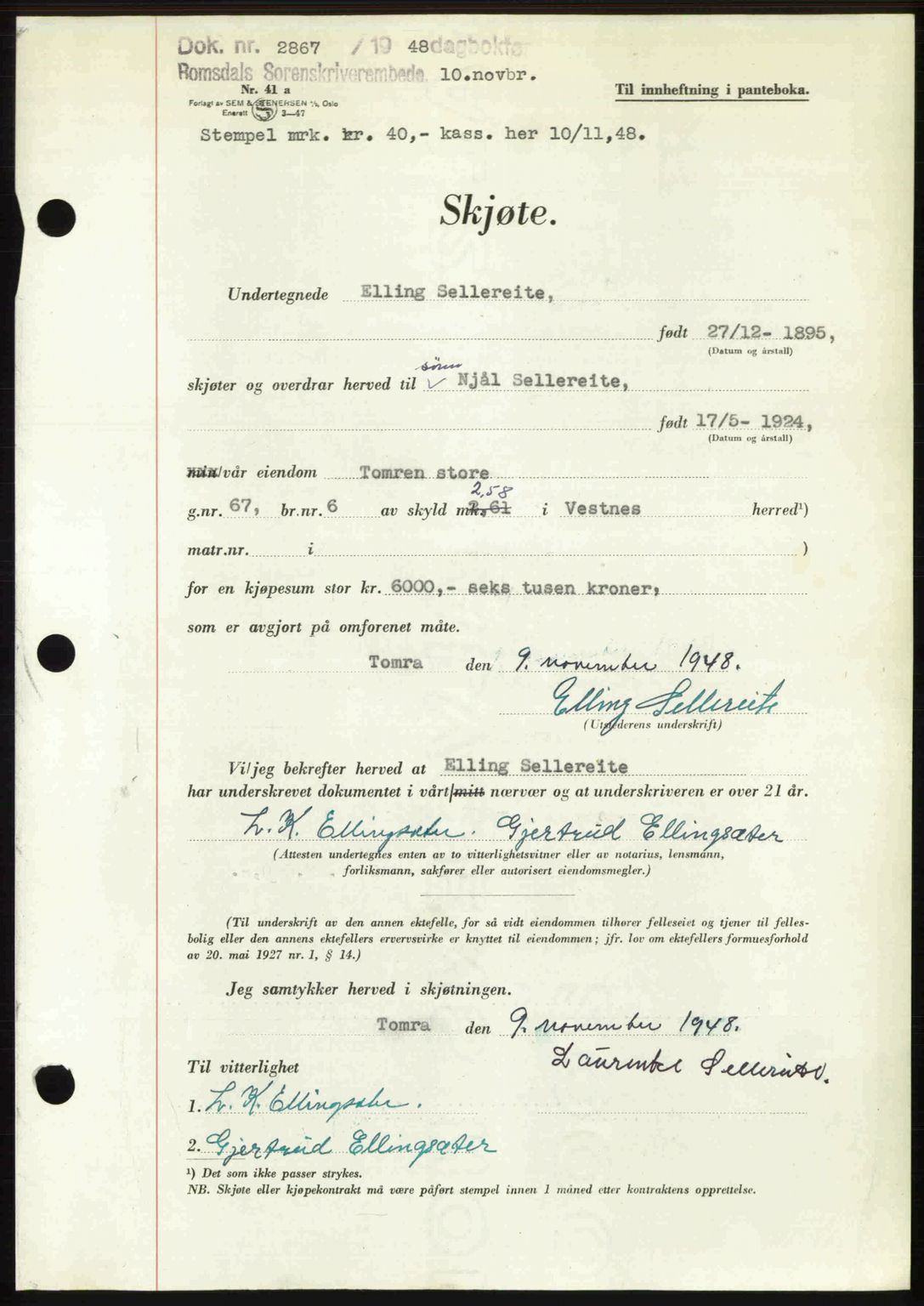 Romsdal sorenskriveri, AV/SAT-A-4149/1/2/2C: Mortgage book no. A27, 1948-1948, Diary no: : 2867/1948