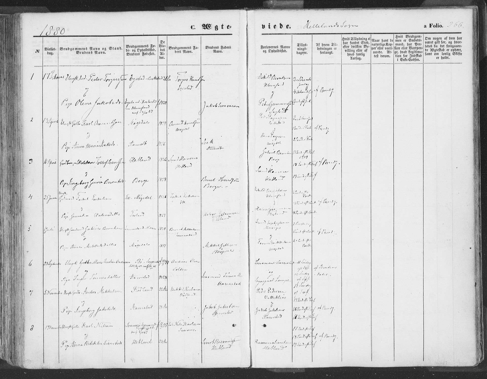 Helleland sokneprestkontor, SAST/A-101810: Parish register (official) no. A 7.1, 1863-1886, p. 266