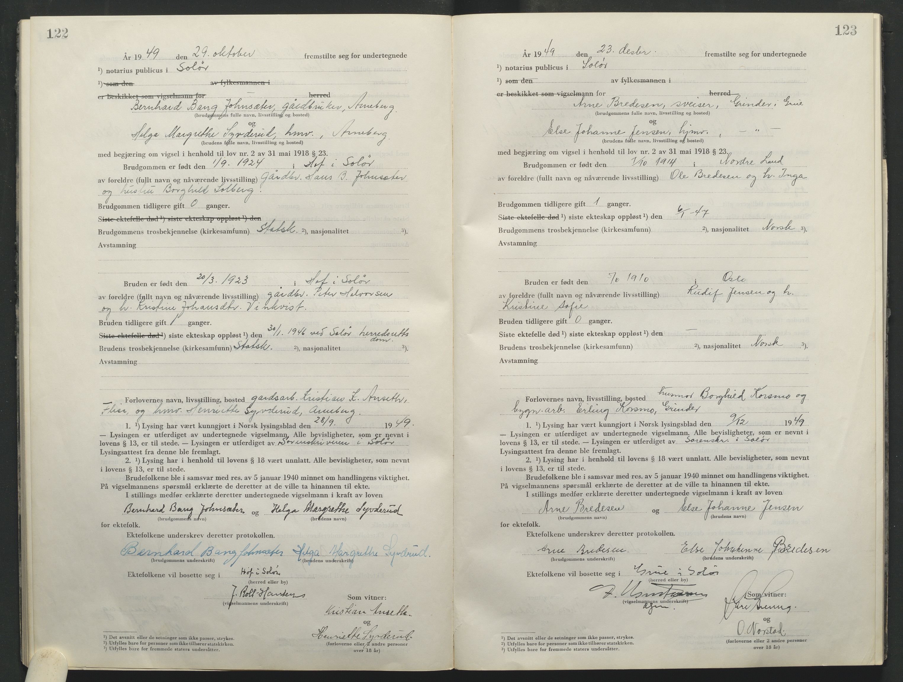 Solør tingrett, AV/SAH-TING-008/L/Lb/L0003/0001: Vigselprotokoll / Vigselprotokoll, 1944-1961, p. 122-123