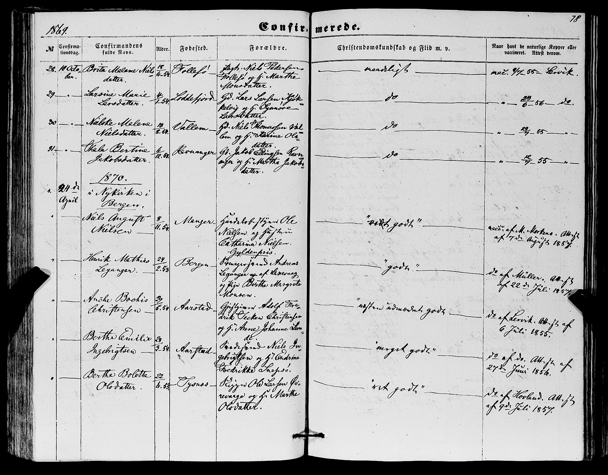 Askøy Sokneprestembete, SAB/A-74101/H/Ha/Haa/Haaa/L0012: Parish register (official) no. A 12, 1855-1877, p. 78