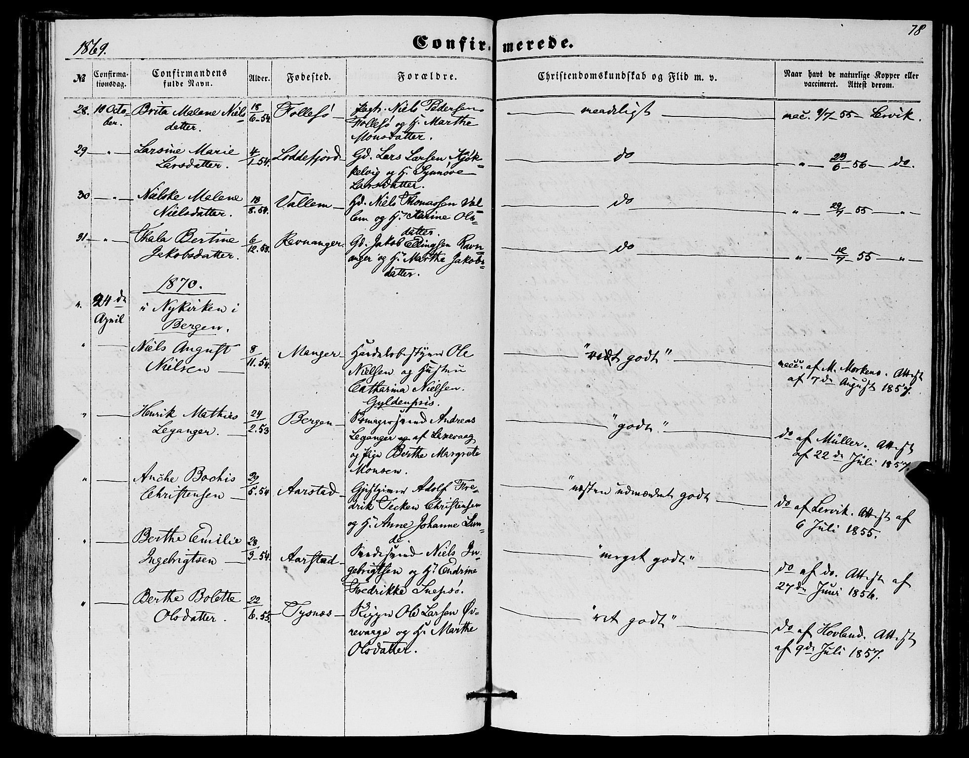 Askøy Sokneprestembete, AV/SAB-A-74101/H/Ha/Haa/Haaa/L0012: Parish register (official) no. A 12, 1855-1877, p. 78