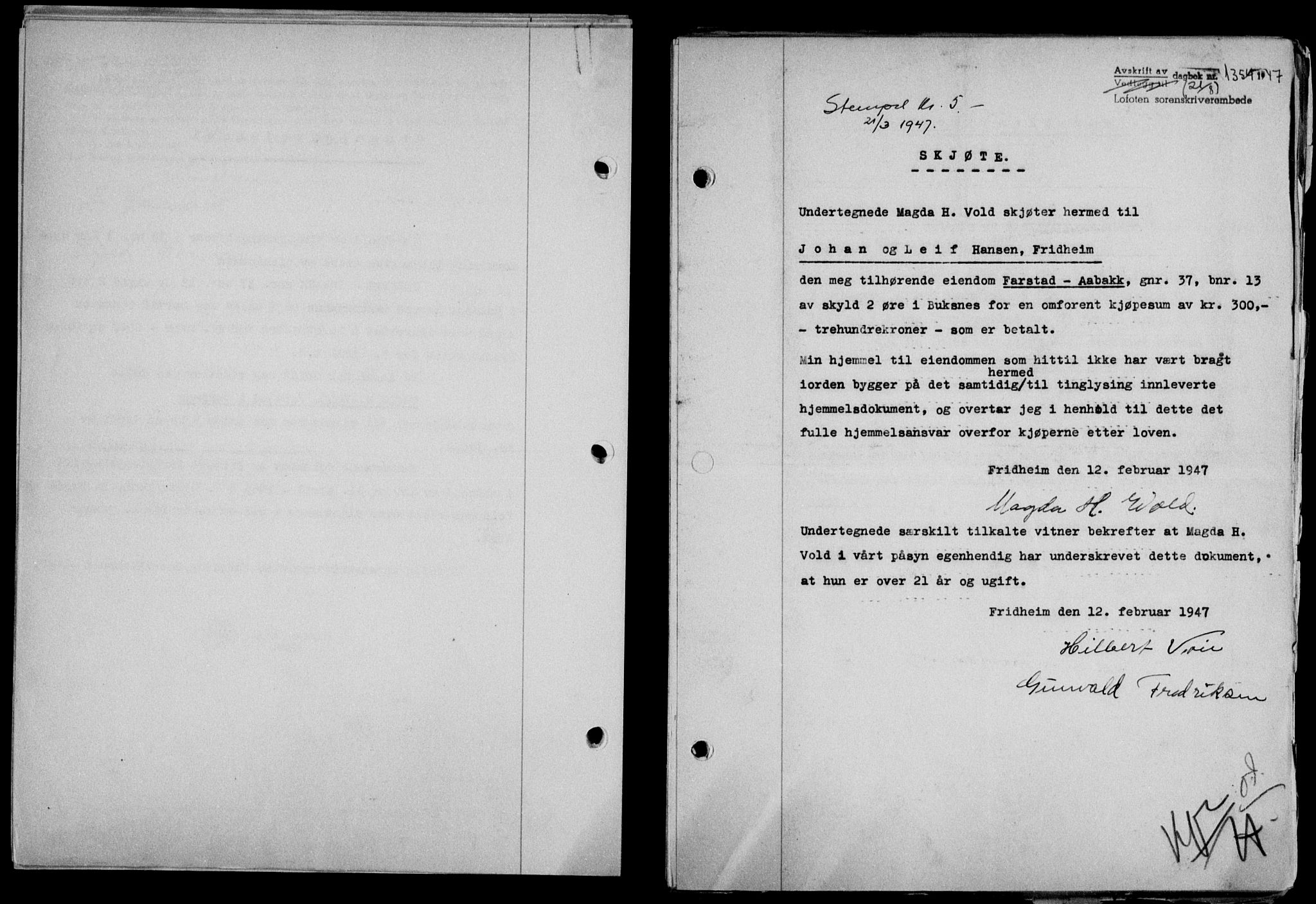 Lofoten sorenskriveri, SAT/A-0017/1/2/2C/L0016a: Mortgage book no. 16a, 1947-1947, Diary no: : 1354/1947