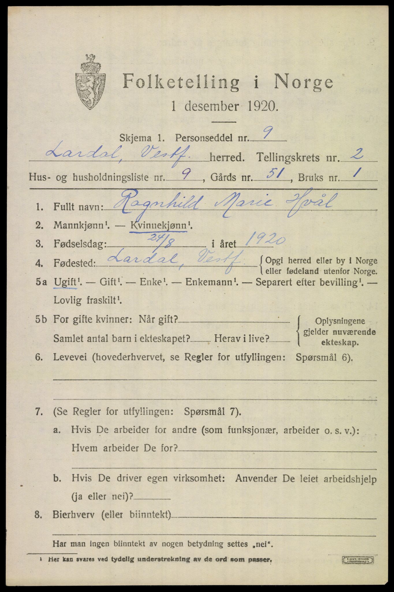 SAKO, 1920 census for Lardal, 1920, p. 2069
