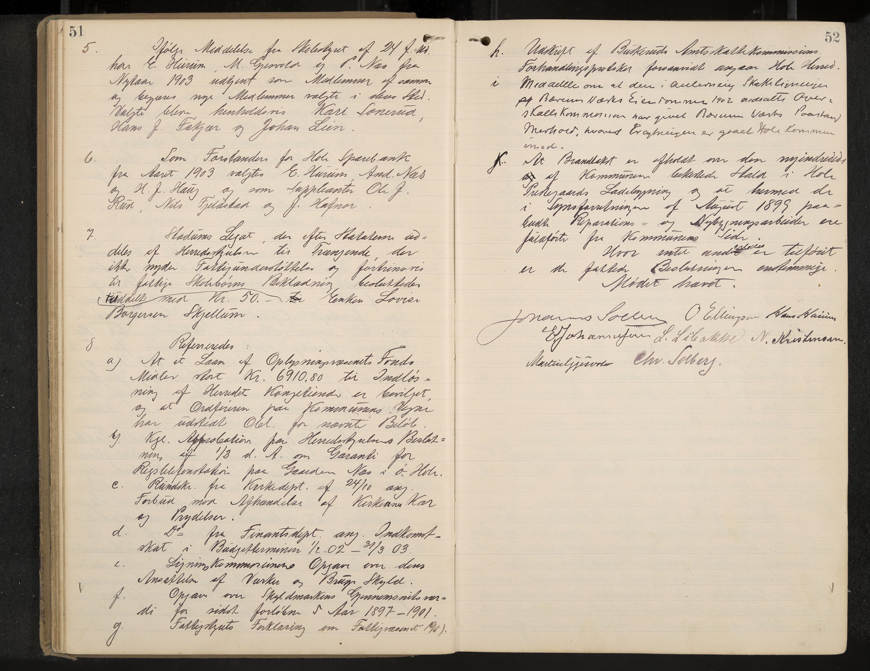 Hole formannskap og sentraladministrasjon, IKAK/0612021-1/A/Aa/L0004: Møtebok med register, 1902-1910, p. 51-52