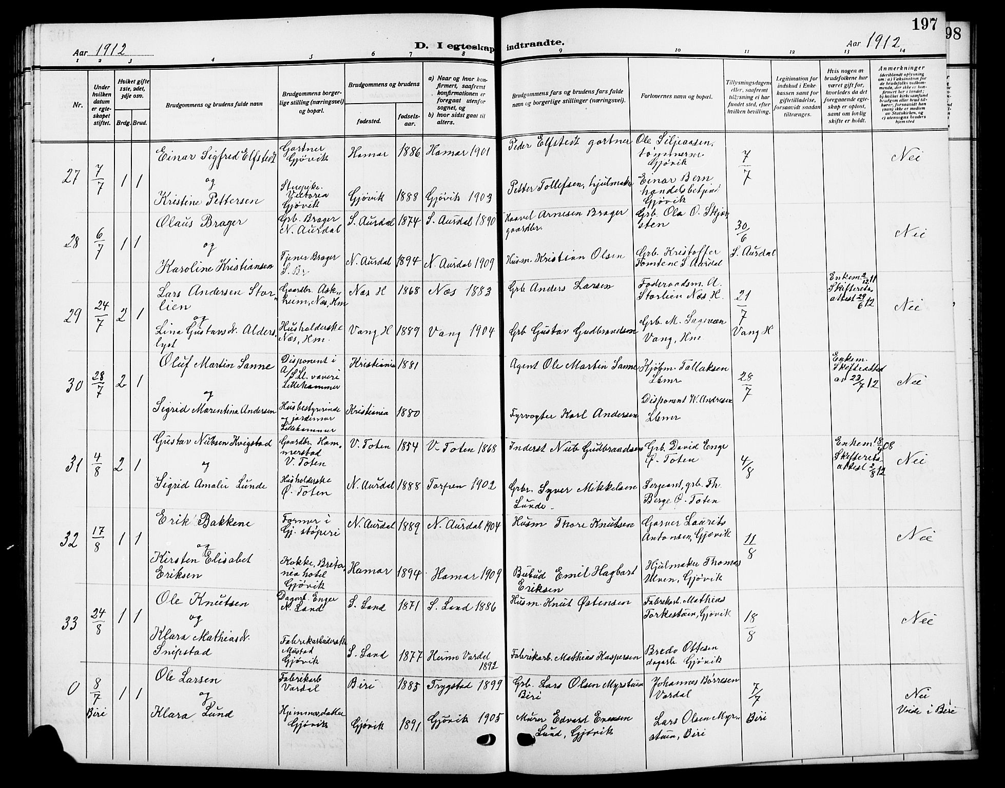 Vardal prestekontor, SAH/PREST-100/H/Ha/Hab/L0014: Parish register (copy) no. 14, 1911-1922, p. 197