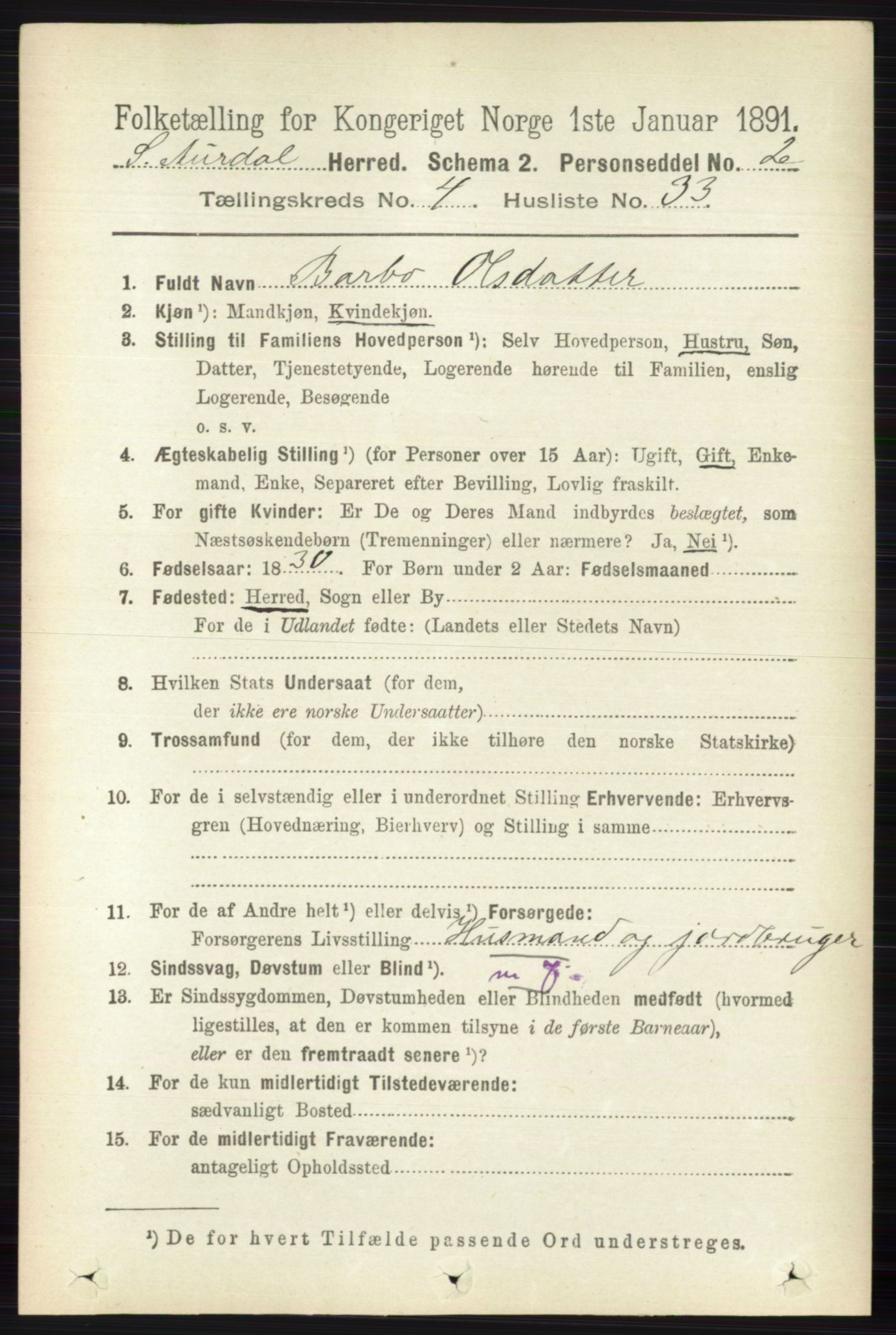 RA, 1891 census for 0540 Sør-Aurdal, 1891, p. 2921