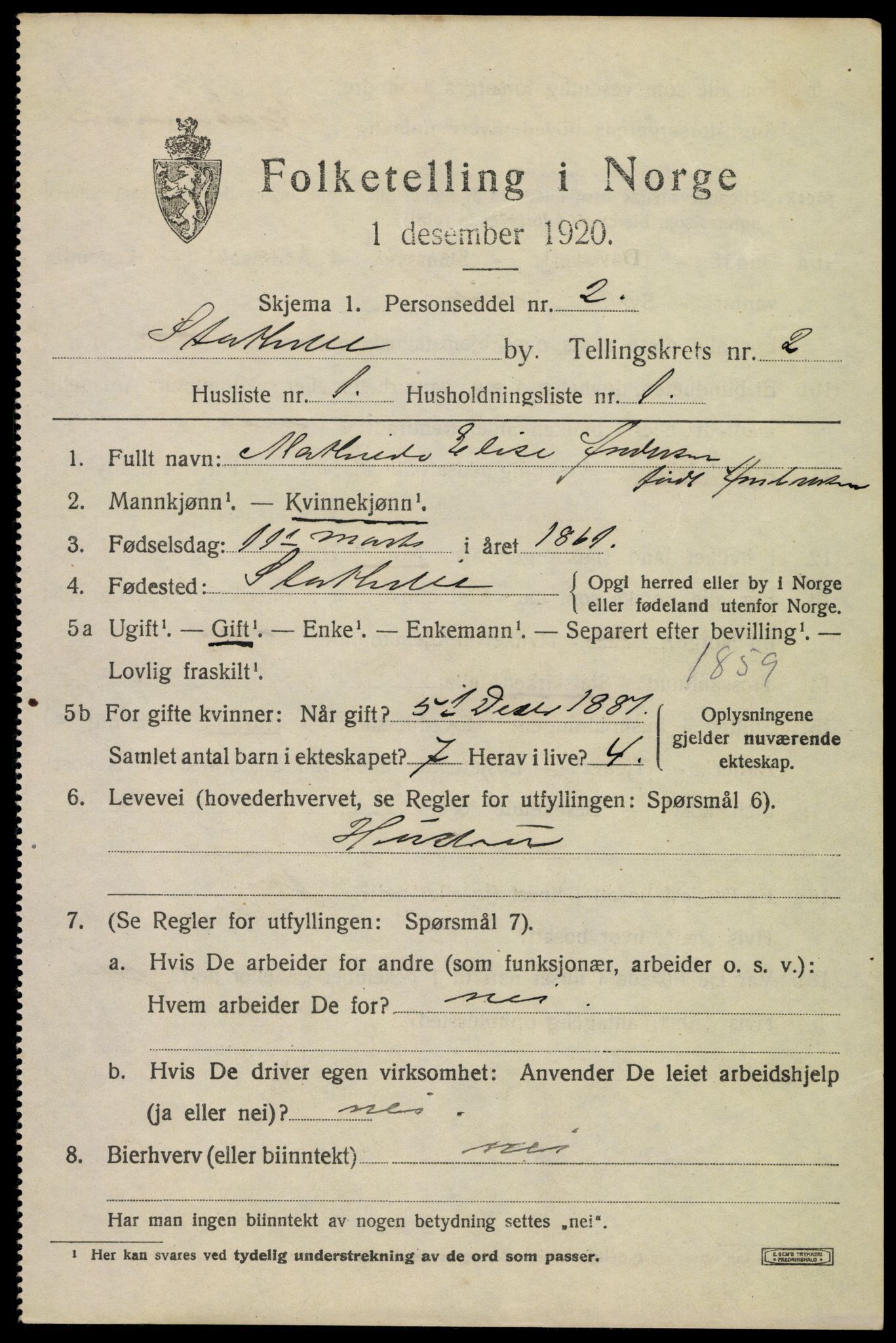 SAKO, 1920 census for Stathelle, 1920, p. 1065