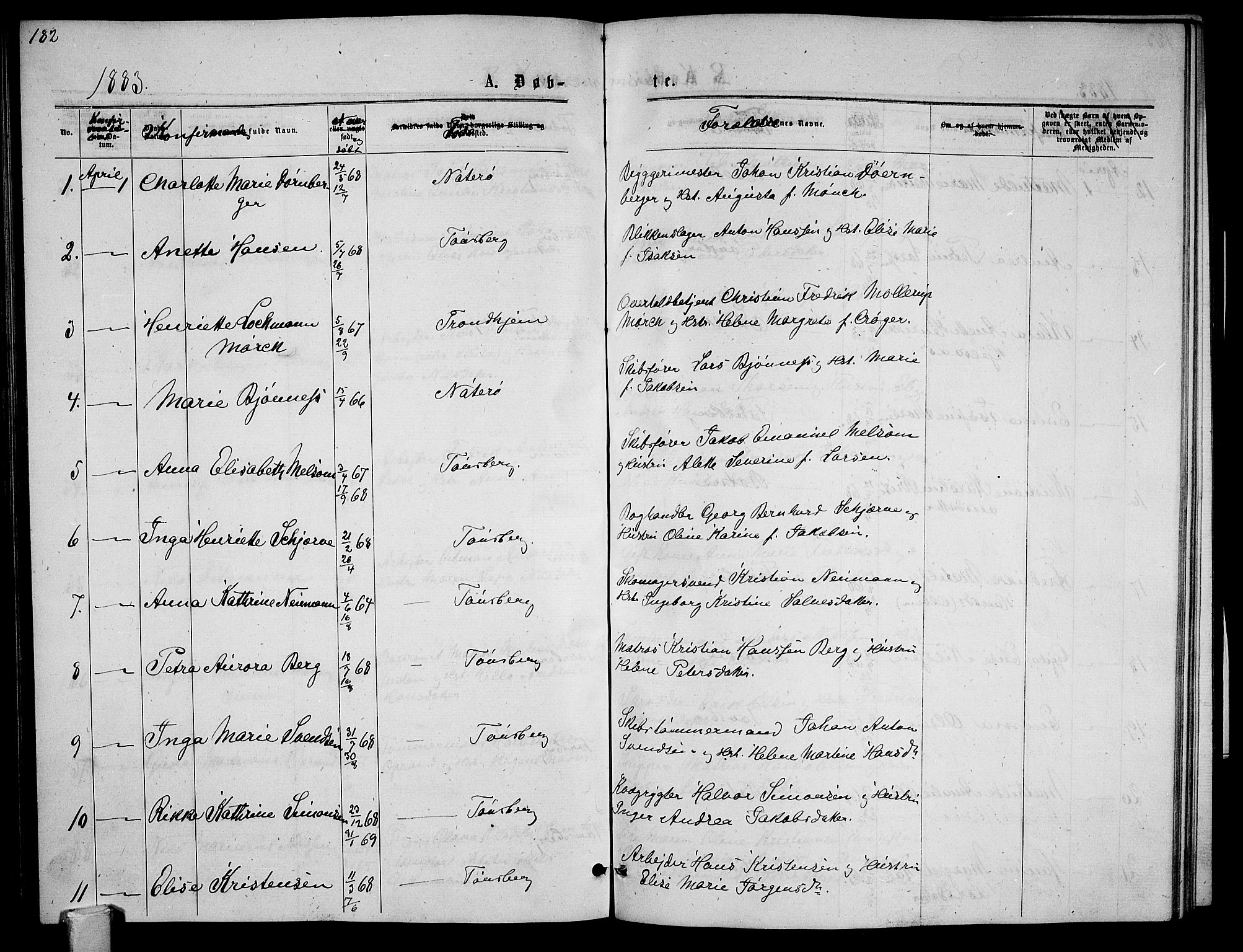 Tønsberg kirkebøker, AV/SAKO-A-330/G/Ga/L0005: Parish register (copy) no. 5, 1875-1885, p. 182