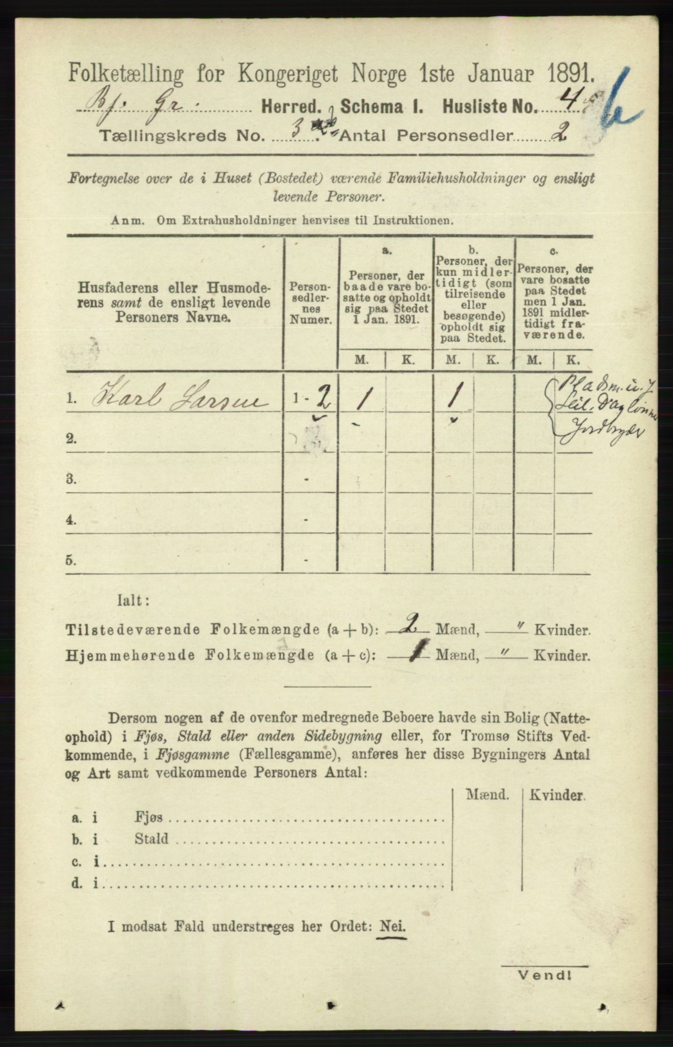 RA, 1891 census for 1024 Bjelland og Grindheim, 1891, p. 1752