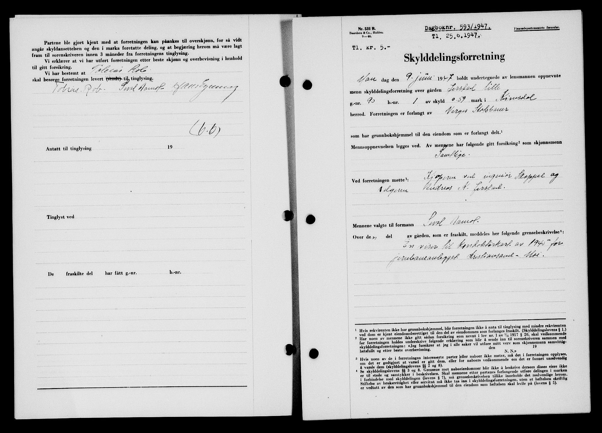 Flekkefjord sorenskriveri, SAK/1221-0001/G/Gb/Gba/L0062: Mortgage book no. A-10, 1947-1947, Diary no: : 593/1947