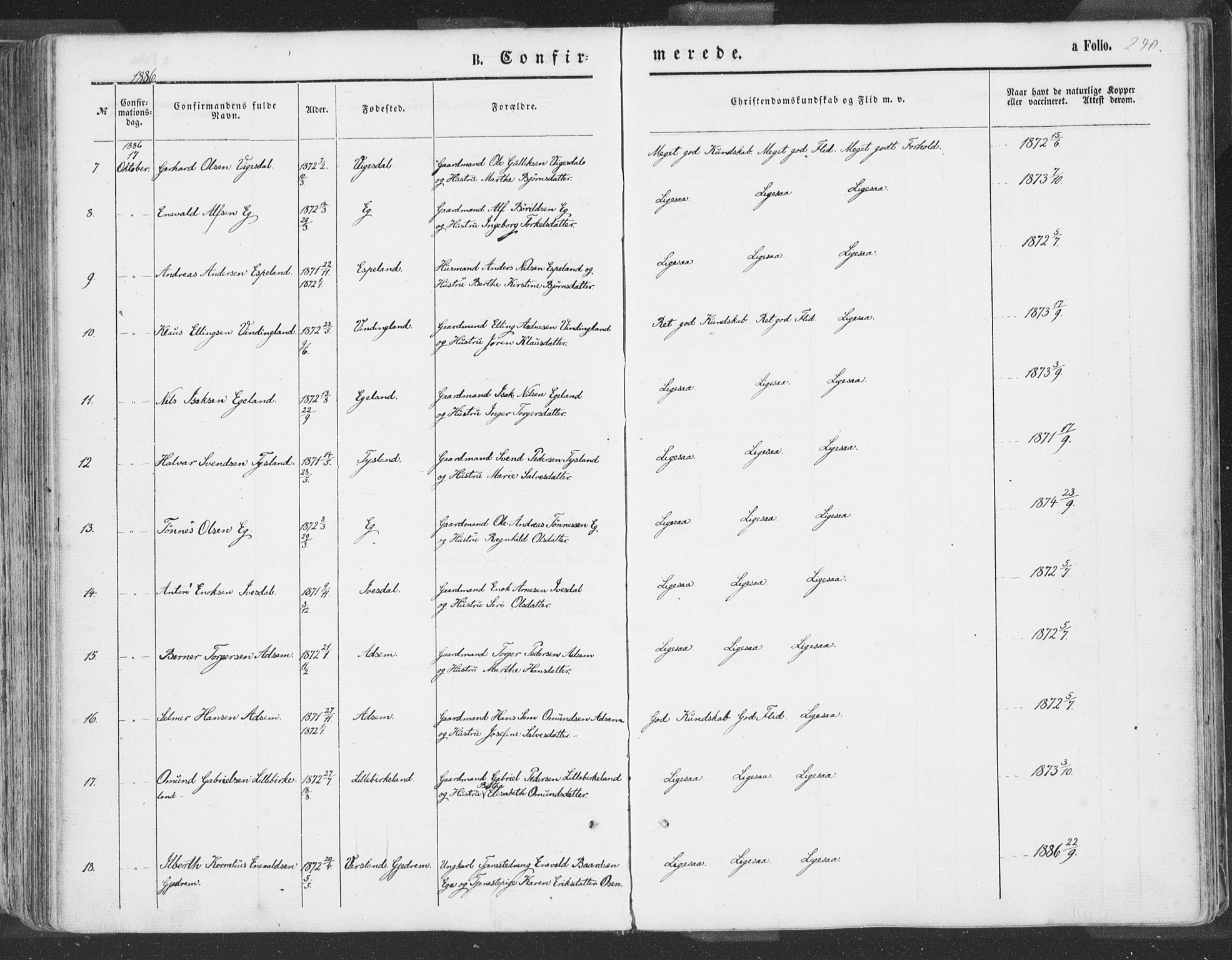 Helleland sokneprestkontor, AV/SAST-A-101810: Parish register (official) no. A 7.1, 1863-1886, p. 240