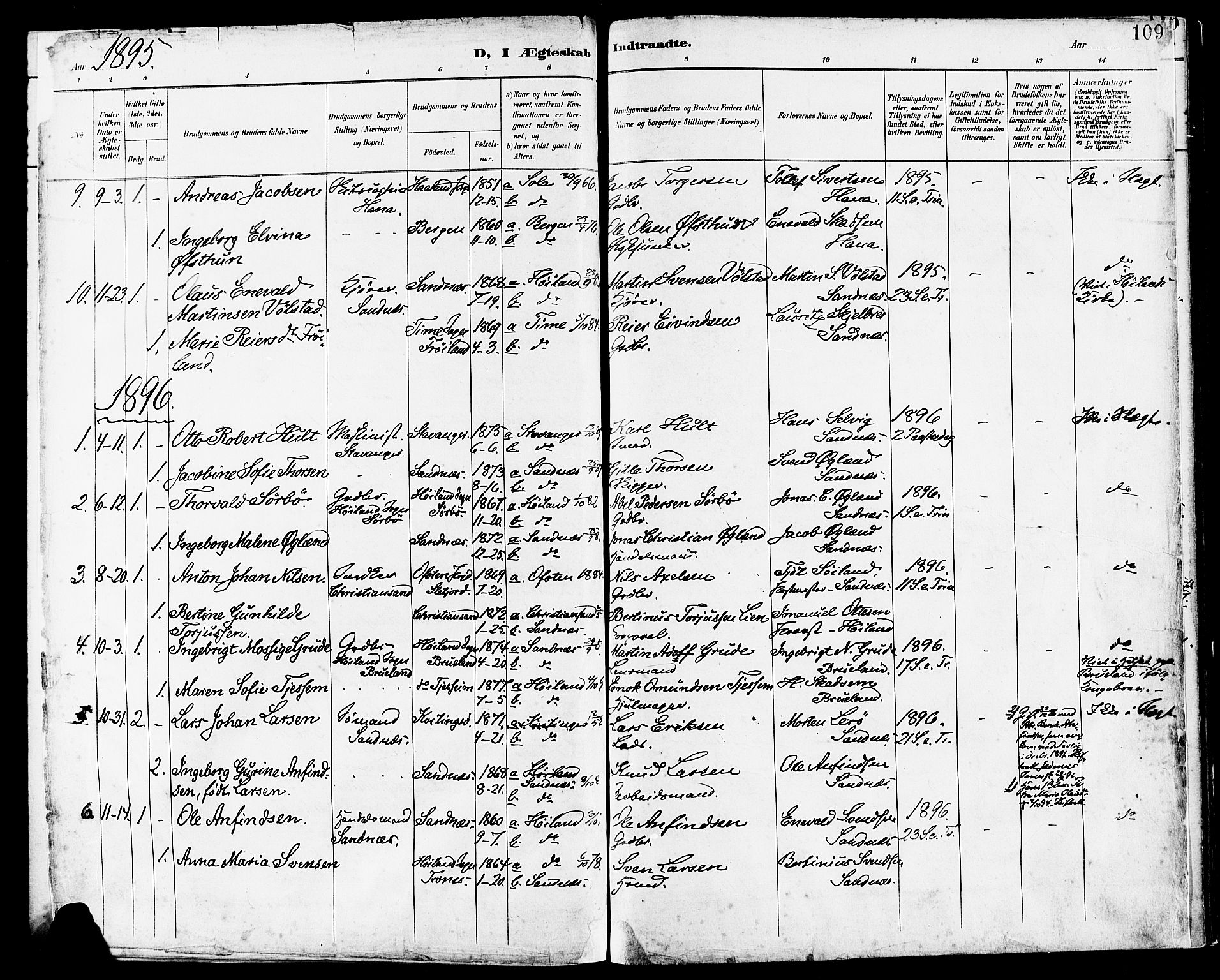 Høyland sokneprestkontor, AV/SAST-A-101799/001/30BA/L0014: Parish register (official) no. A 12, 1890-1898, p. 109