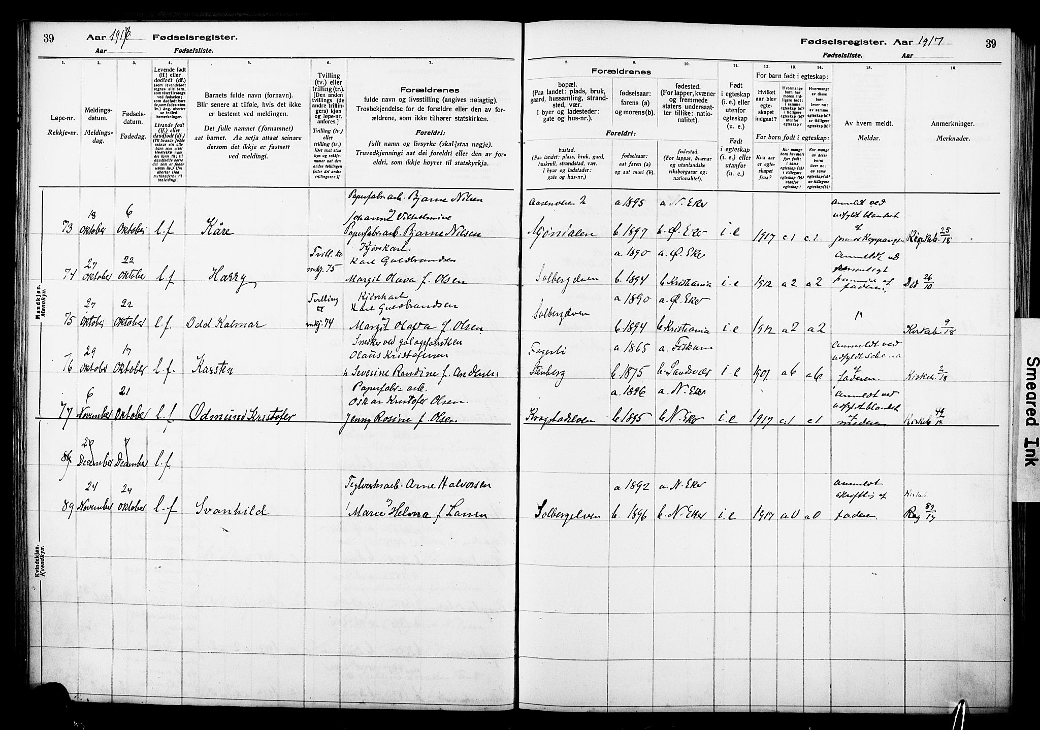 Nedre Eiker kirkebøker, AV/SAKO-A-612/J/Ja/L0001: Birth register no. 1, 1916-1925, p. 39