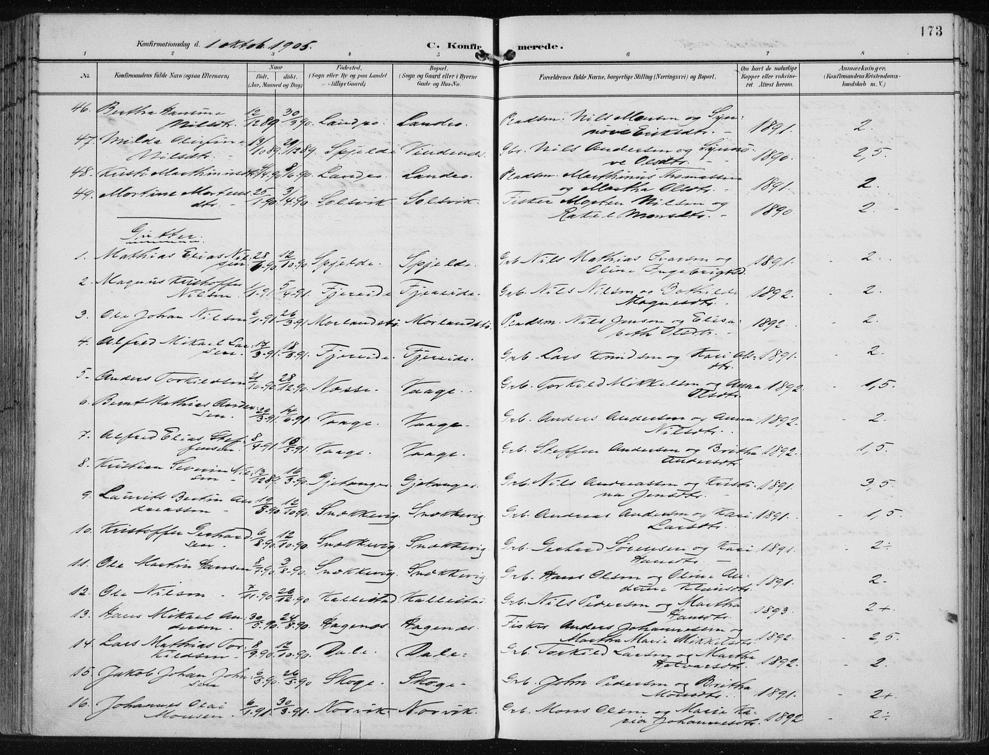 Fjell sokneprestembete, SAB/A-75301/H/Haa: Parish register (official) no. A  9, 1899-1910, p. 173
