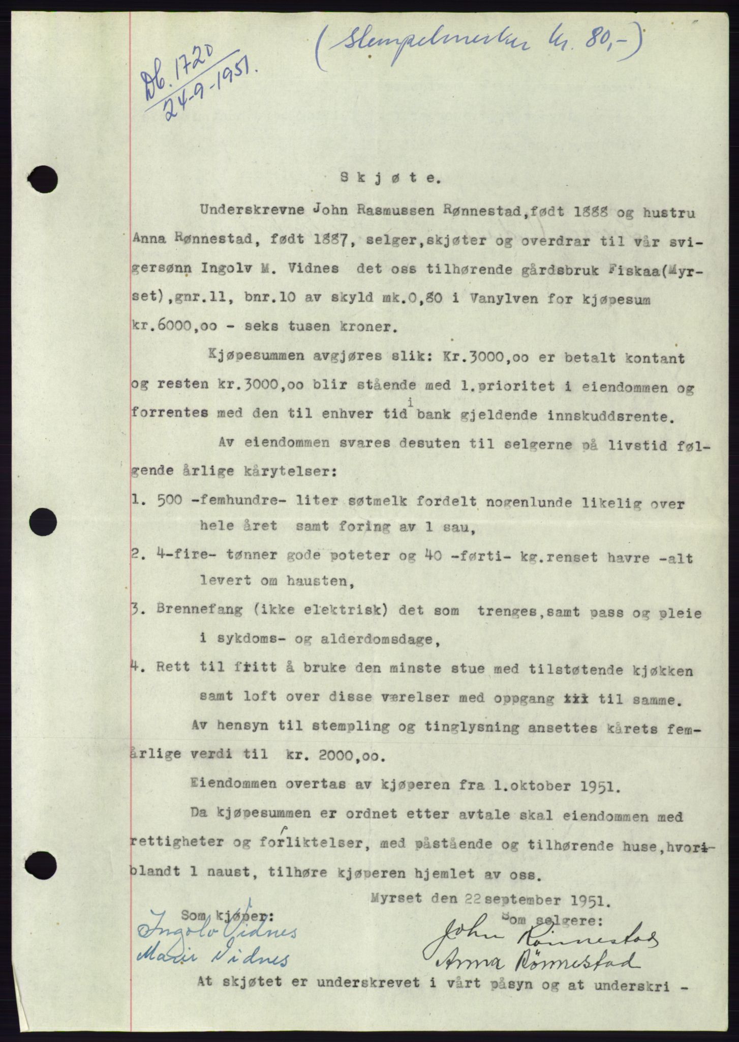 Søre Sunnmøre sorenskriveri, AV/SAT-A-4122/1/2/2C/L0090: Mortgage book no. 16A, 1951-1951, Diary no: : 1720/1951