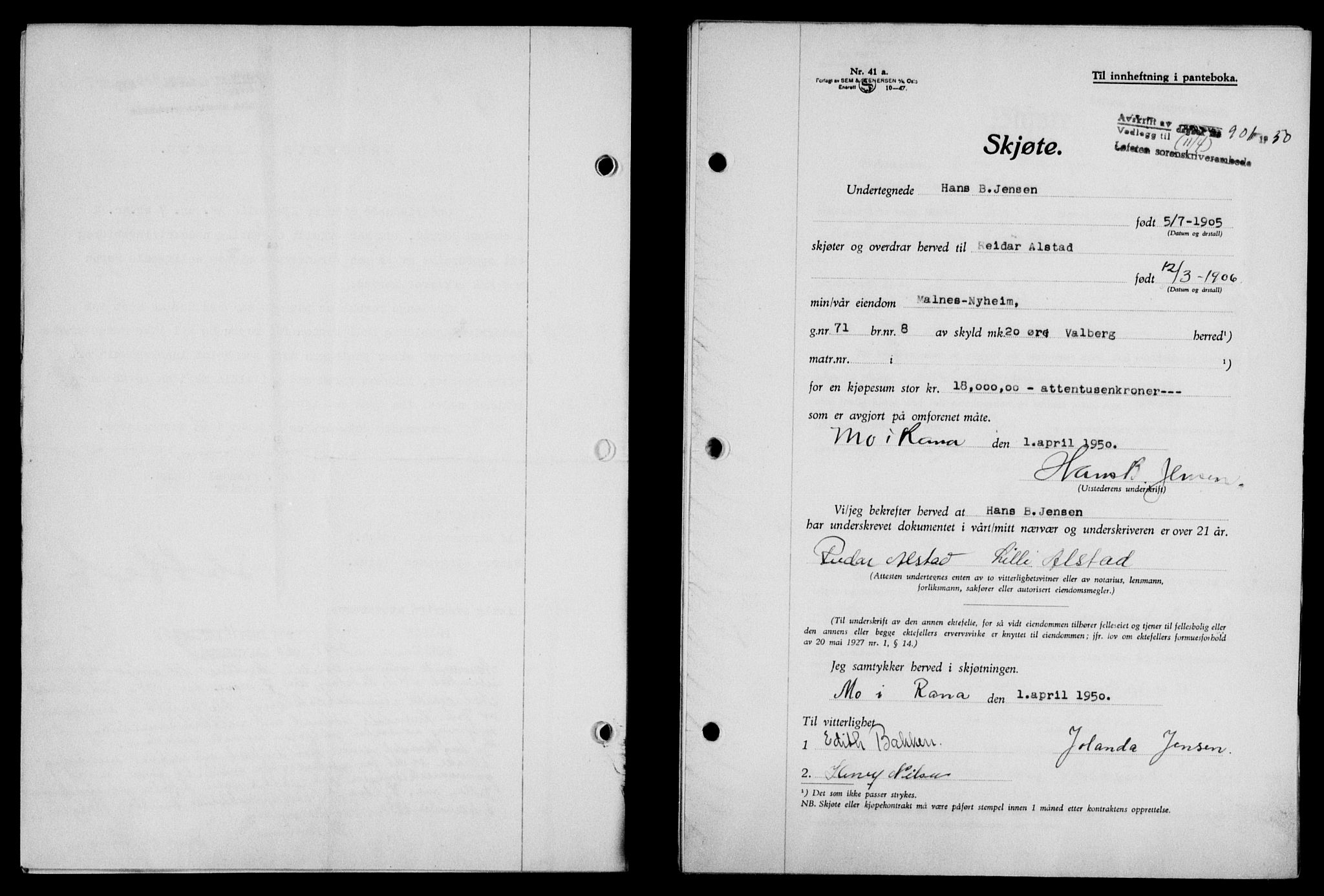 Lofoten sorenskriveri, SAT/A-0017/1/2/2C/L0023a: Mortgage book no. 23a, 1950-1950, Diary no: : 901/1950