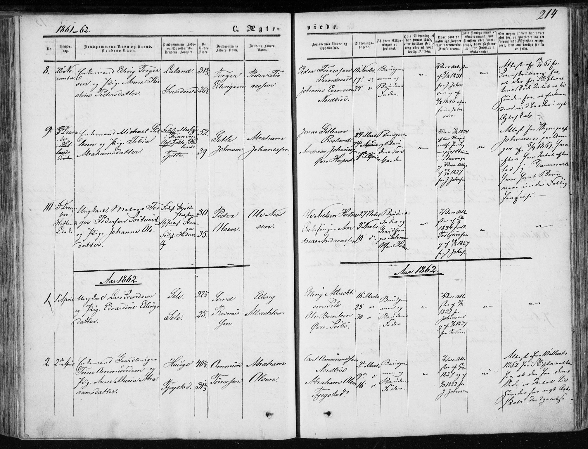 Klepp sokneprestkontor, SAST/A-101803/001/3/30BA/L0005: Parish register (official) no. A 5, 1853-1870, p. 214