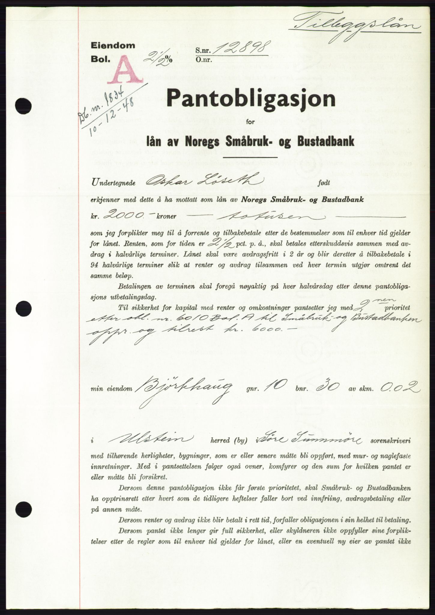 Søre Sunnmøre sorenskriveri, AV/SAT-A-4122/1/2/2C/L0116: Mortgage book no. 4B, 1948-1949, Diary no: : 1834/1948