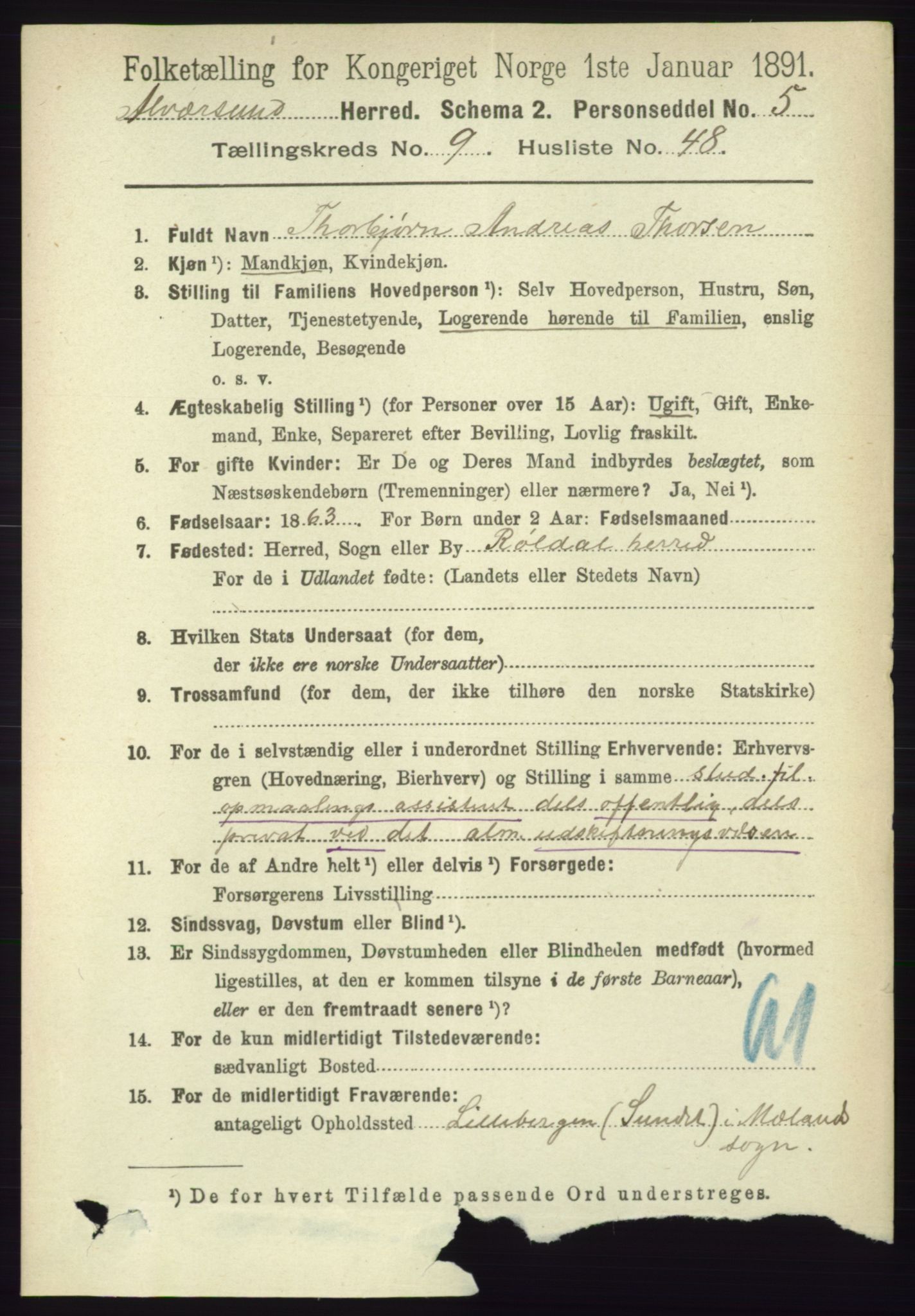 RA, 1891 census for 1257 Alversund, 1891, p. 3427