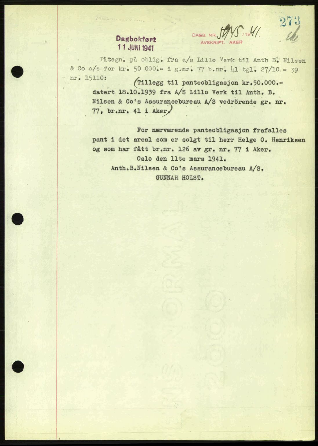 Aker herredsskriveri, SAO/A-10896/G/Gb/Gba/Gbac/L0022: Mortgage book no. B180-181, 1941-1941, Diary no: : 5945/1941