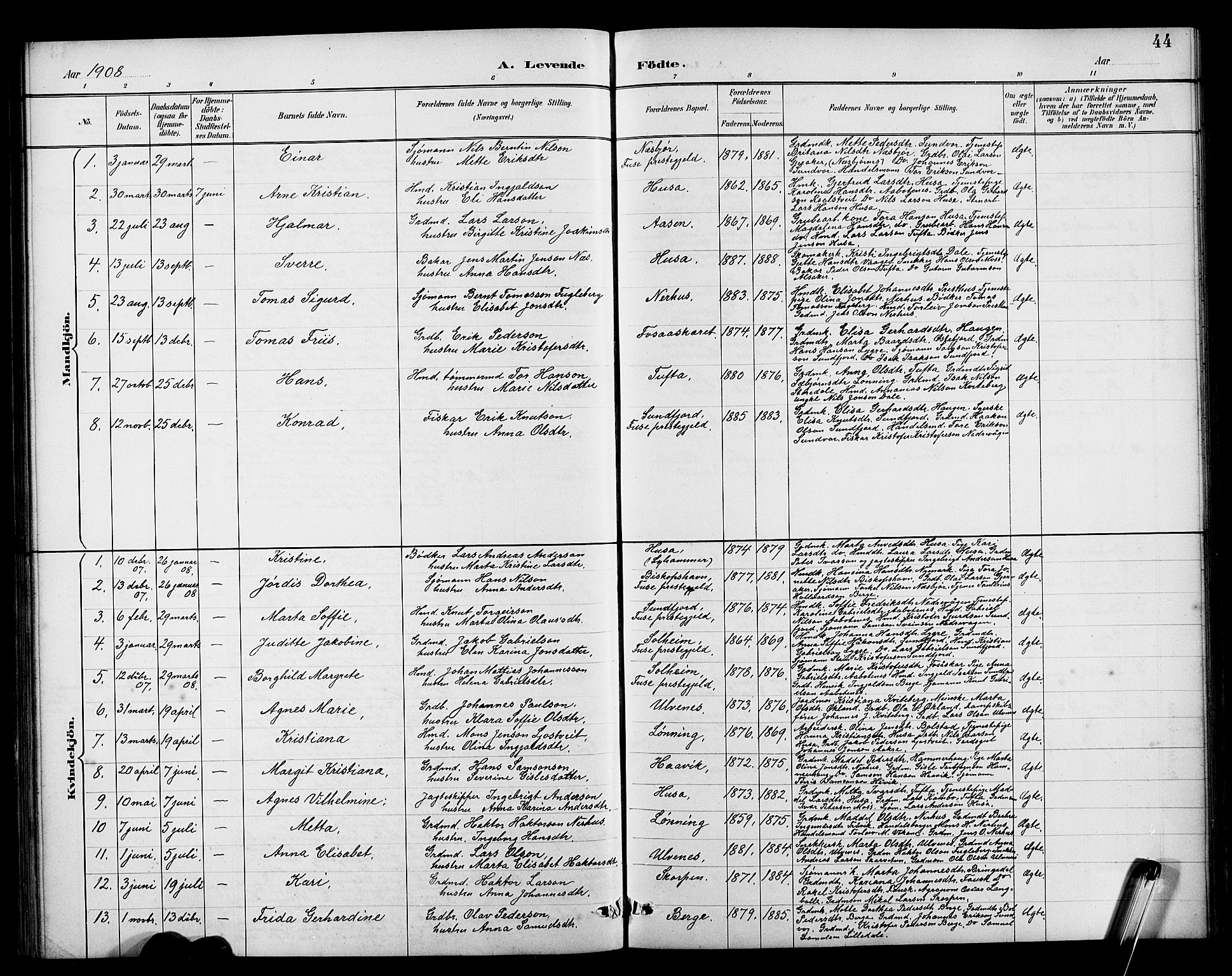 Kvinnherad sokneprestembete, SAB/A-76401/H/Hab: Parish register (copy) no. E 1, 1885-1921, p. 44