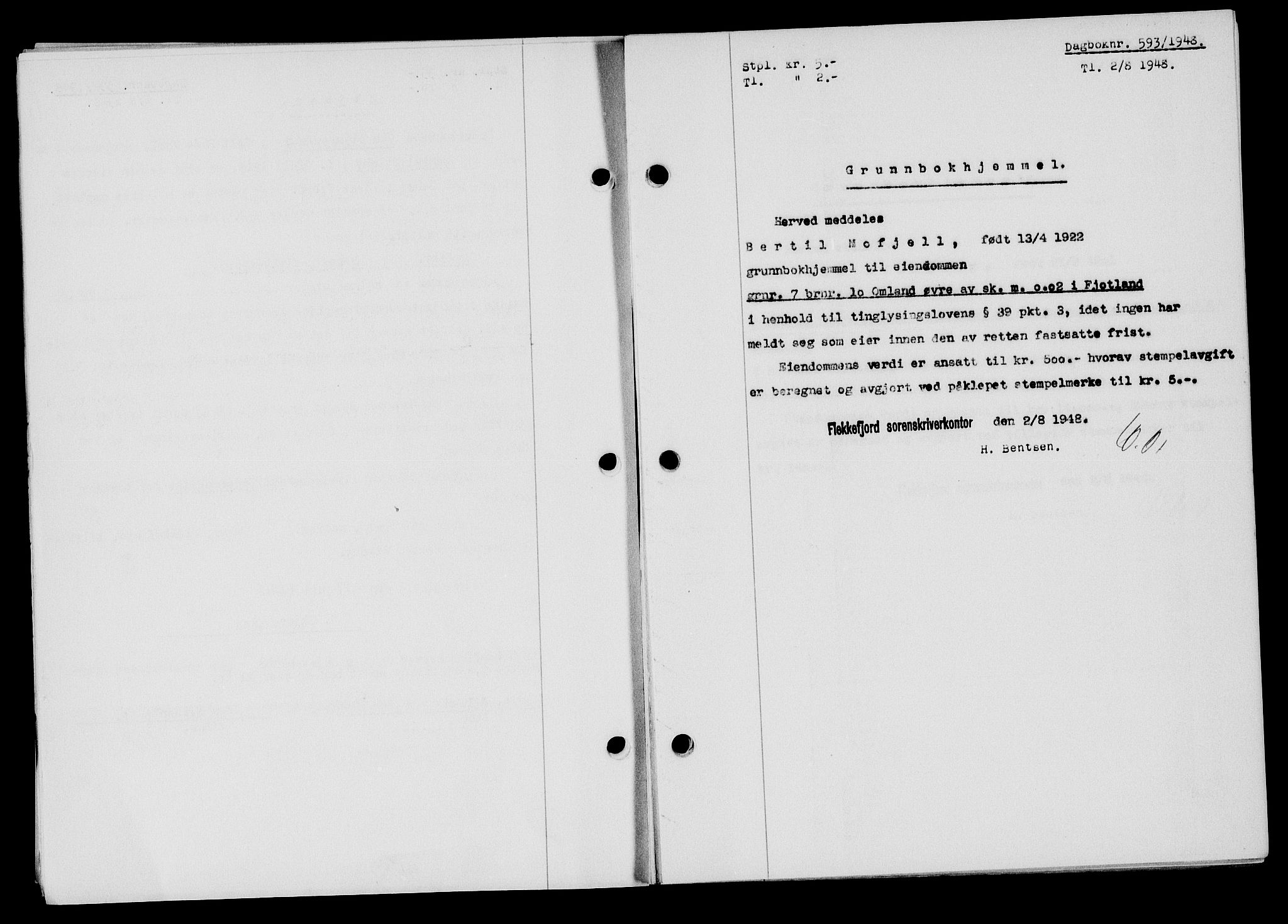 Flekkefjord sorenskriveri, SAK/1221-0001/G/Gb/Gba/L0064: Mortgage book no. A-12, 1948-1949, Diary no: : 593/1948