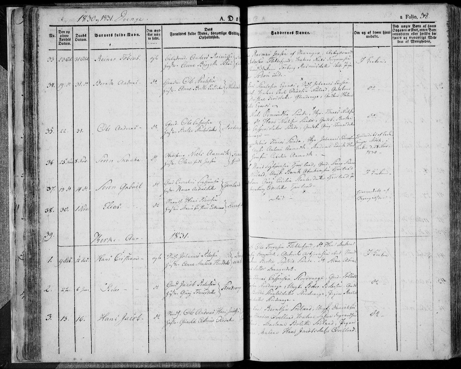 Flekkefjord sokneprestkontor, AV/SAK-1111-0012/F/Fa/Fac/L0003: Parish register (official) no. A 3, 1826-1841, p. 38